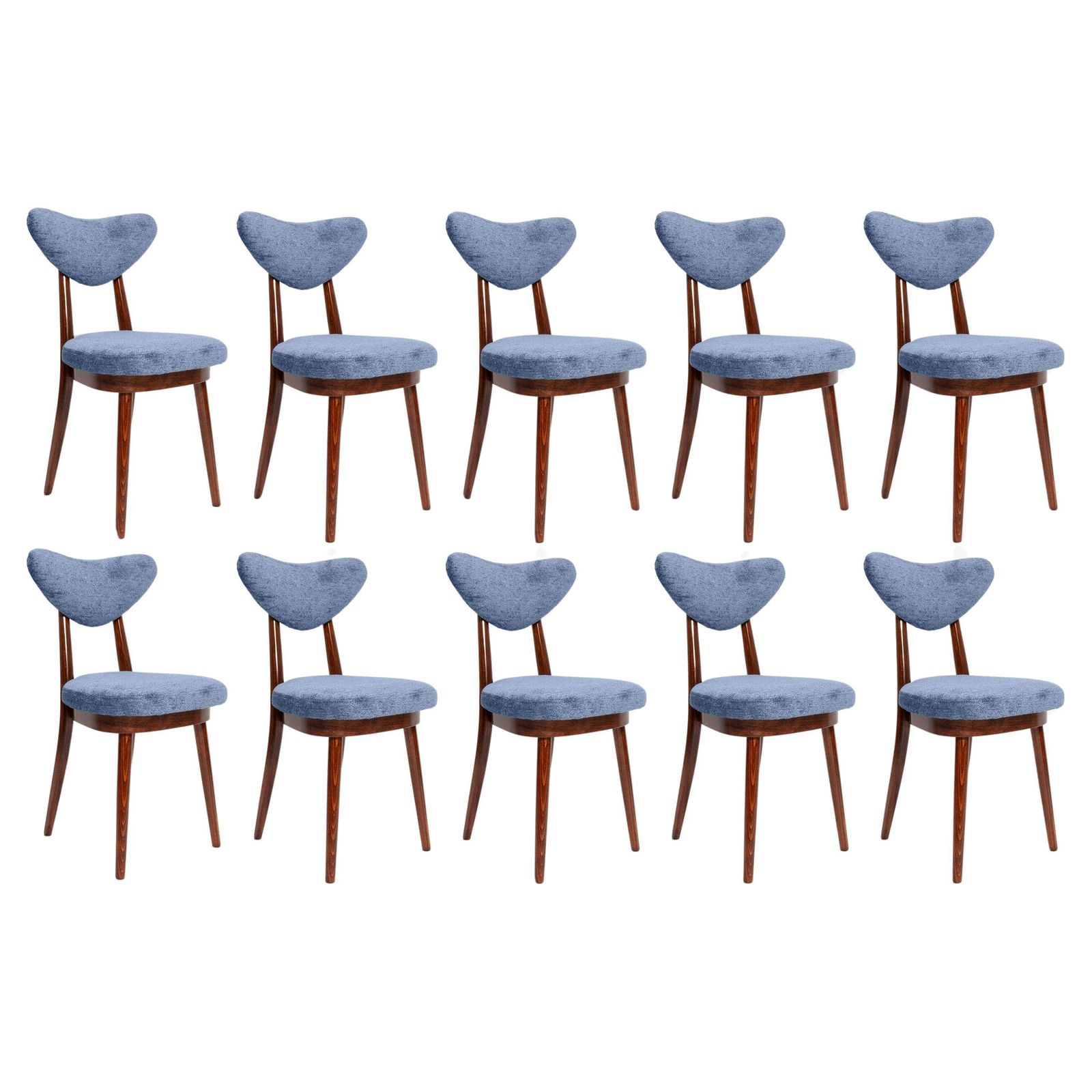 Set Van Tien Mid Century Vintage Blauwe Fluwelen Stoelen Met Hartvorm, Europa, Jaren 1960