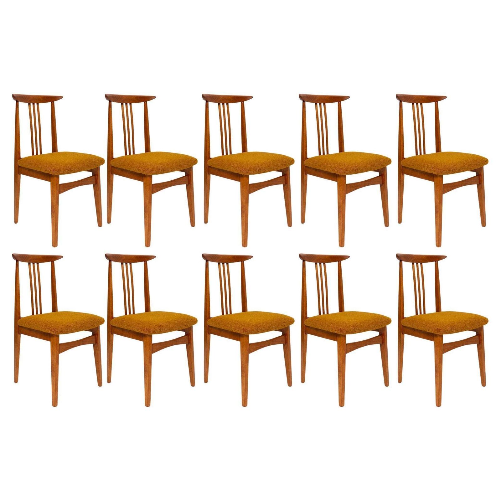 Ten Mid Century Ochre Boucle Chairs, Medium Wood, M. Zielinski, Europe, 1960s