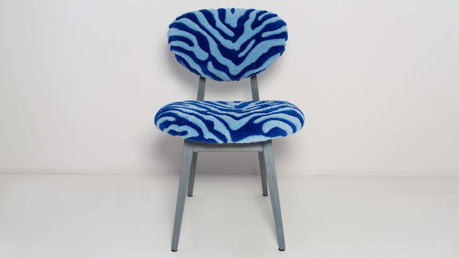 Set Of Four Mid Century Mushroom Chairs, Tufting Blue Zebra Wool, Europe, 1960s photo furniture
