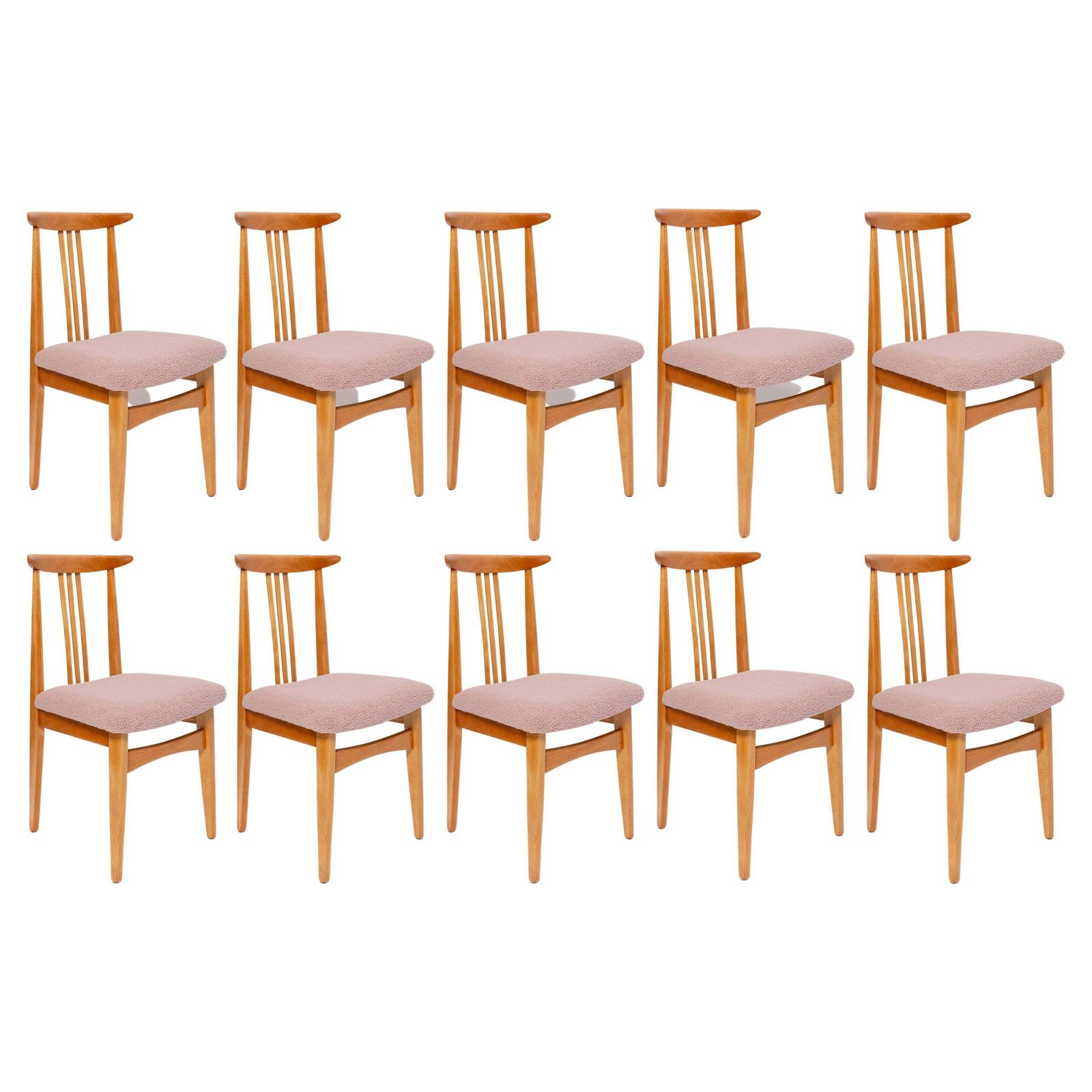 Tien Mid Century Fauteuils Met Bouclébekleding In Roze/Blush, Licht Hout, M. Zielinski, Europa, Ca. Jaren 1960