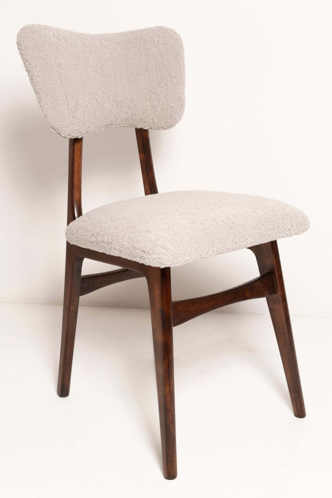 Set Of Ten Mid Century Chairs, Light Gray Boucle, Dark Walnut Wood, Europe, 1960s photo furniture