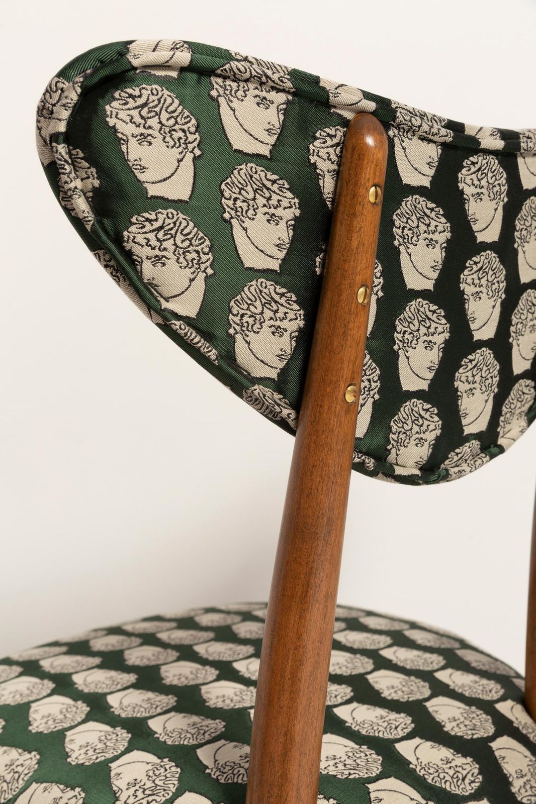 photo for sale Ten Midcentury David Print Emerald Satin, Dark Wood Heart Chairs, Europe, 1960s