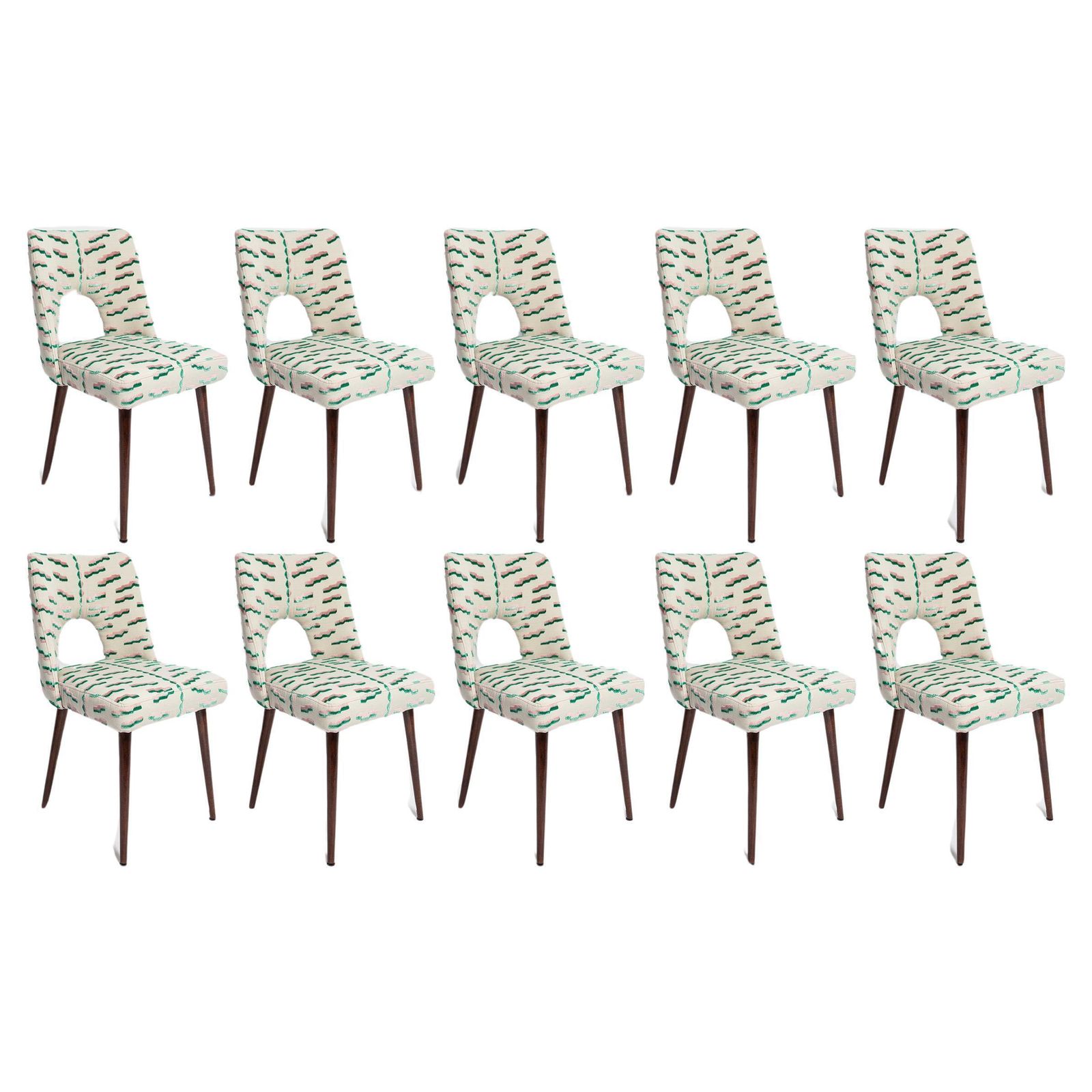 Set Van Tien Mid Century Schelpvormige Rugleuning Stoelen Met Tijgerprint Jacquard Fluweel, Europa, Jaren 1960