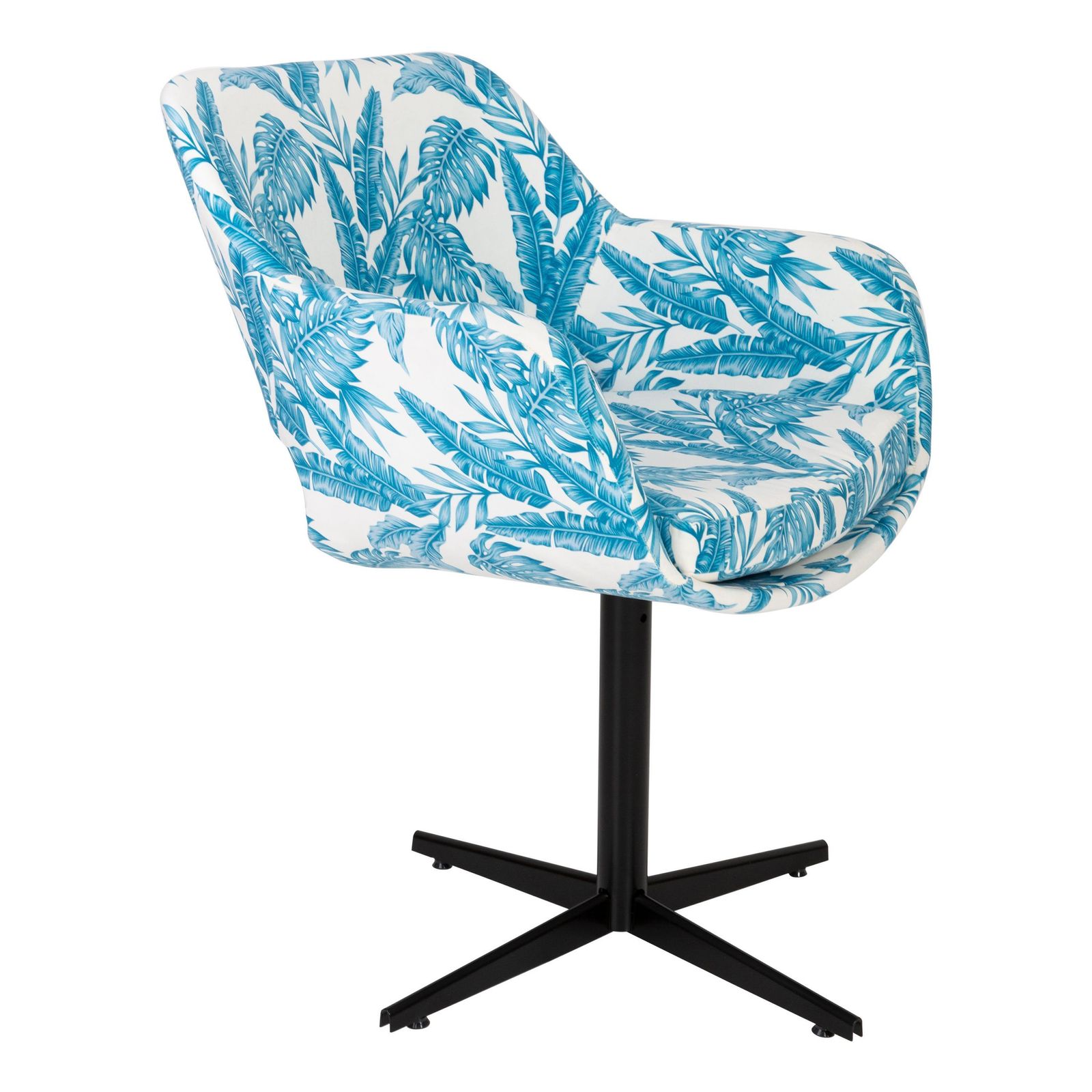 Vintage Draaifauteuil Met Wit Blauw Bladmotief In Fluweel, Ca. Jaren 1960