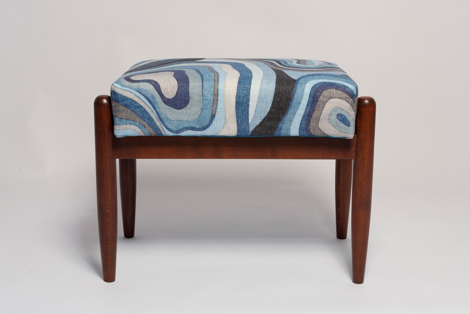 Blue Linen Mid Century Gfm Stool, Edmund Homa, Europe, 1960s photo for sale