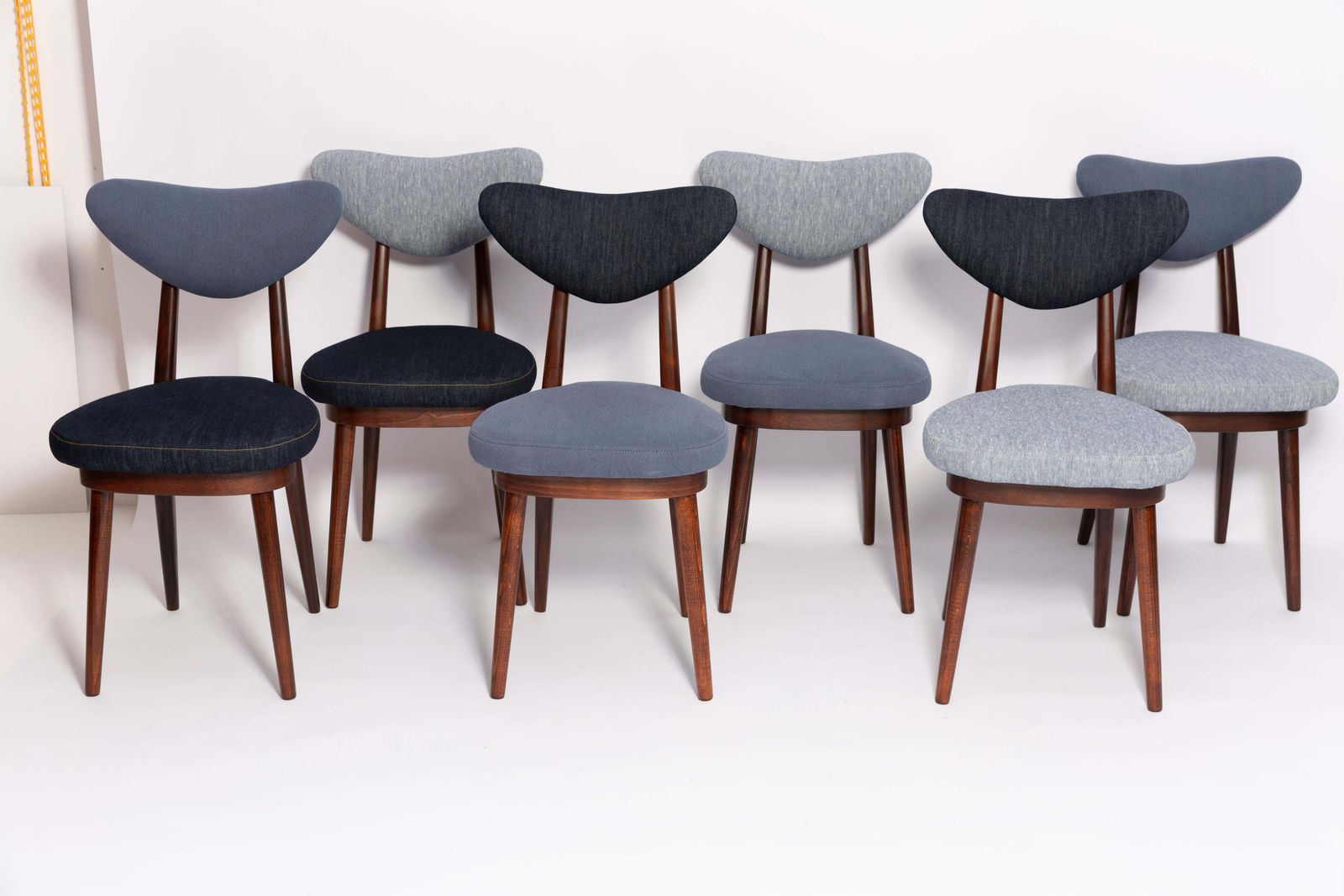 photo furniture Set Of Eighty Six Midcentury Mixed Blue Denim Heart Chairs, Europe, 1960s