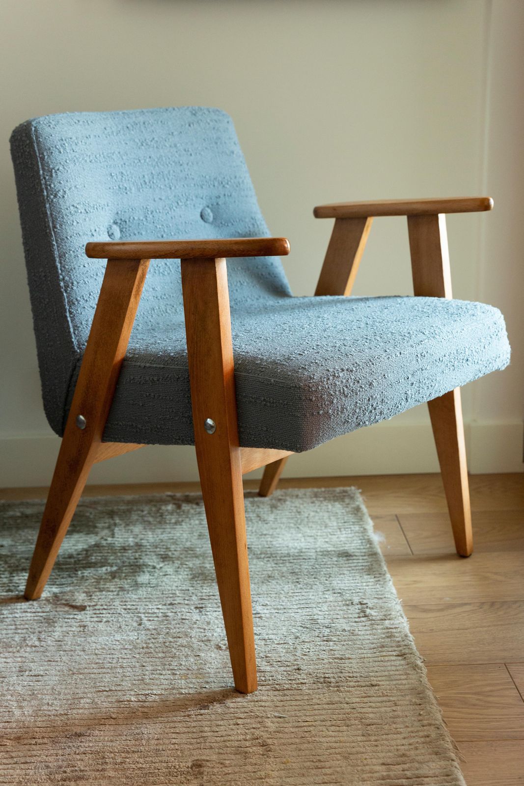 Midcentury 366 Club Armchair In Gray Blue Boucle, J. Chierowski, Europe, 1960s photo Furniture