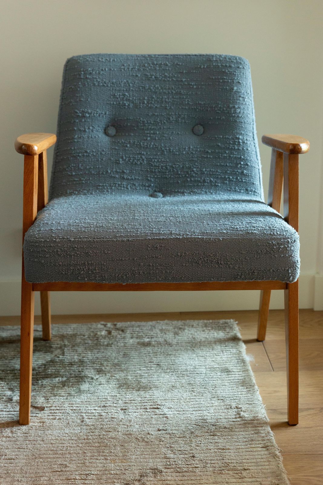 Midcentury 366 Club Armchair In Gray Blue Boucle, J. Chierowski, Europe, 1960s photo buy