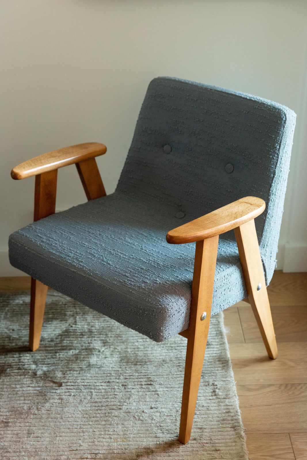photo furniture Midcentury 366 Club Armchair In Gray Blue Boucle, J. Chierowski, Europe, 1960s