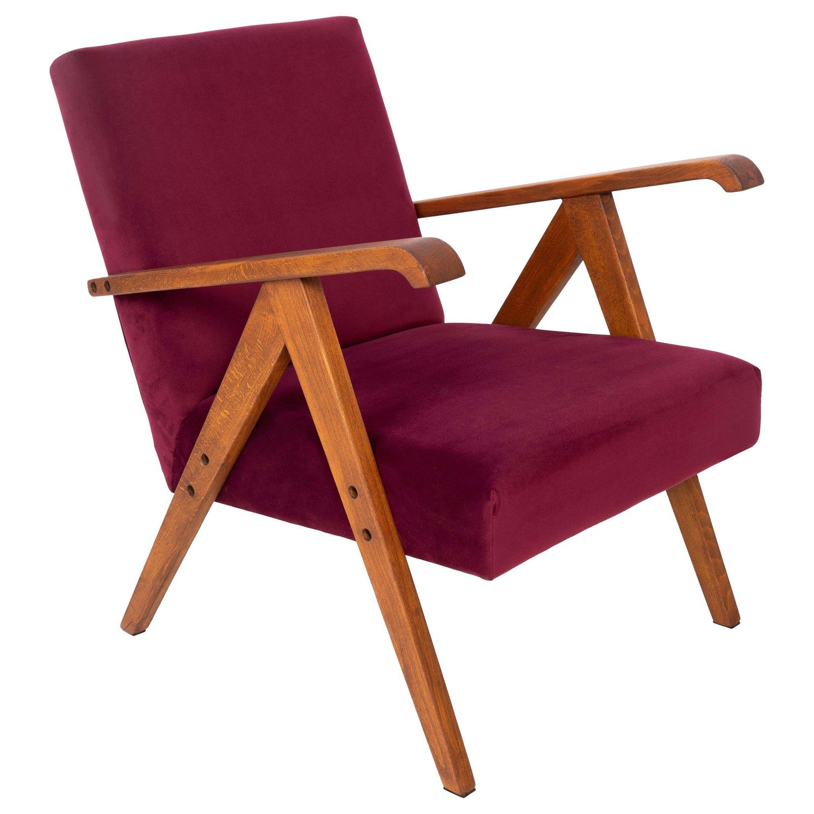 Mid Century Fauteuil In Bordeauxrood Fluweel, Ca. Jaren 1960