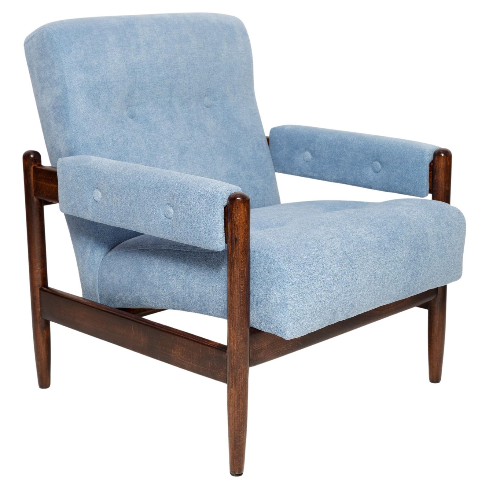 Mid Century Babyblauw Velours Vintage Fauteuil, Walnouthout, Europa, Jaren 1960