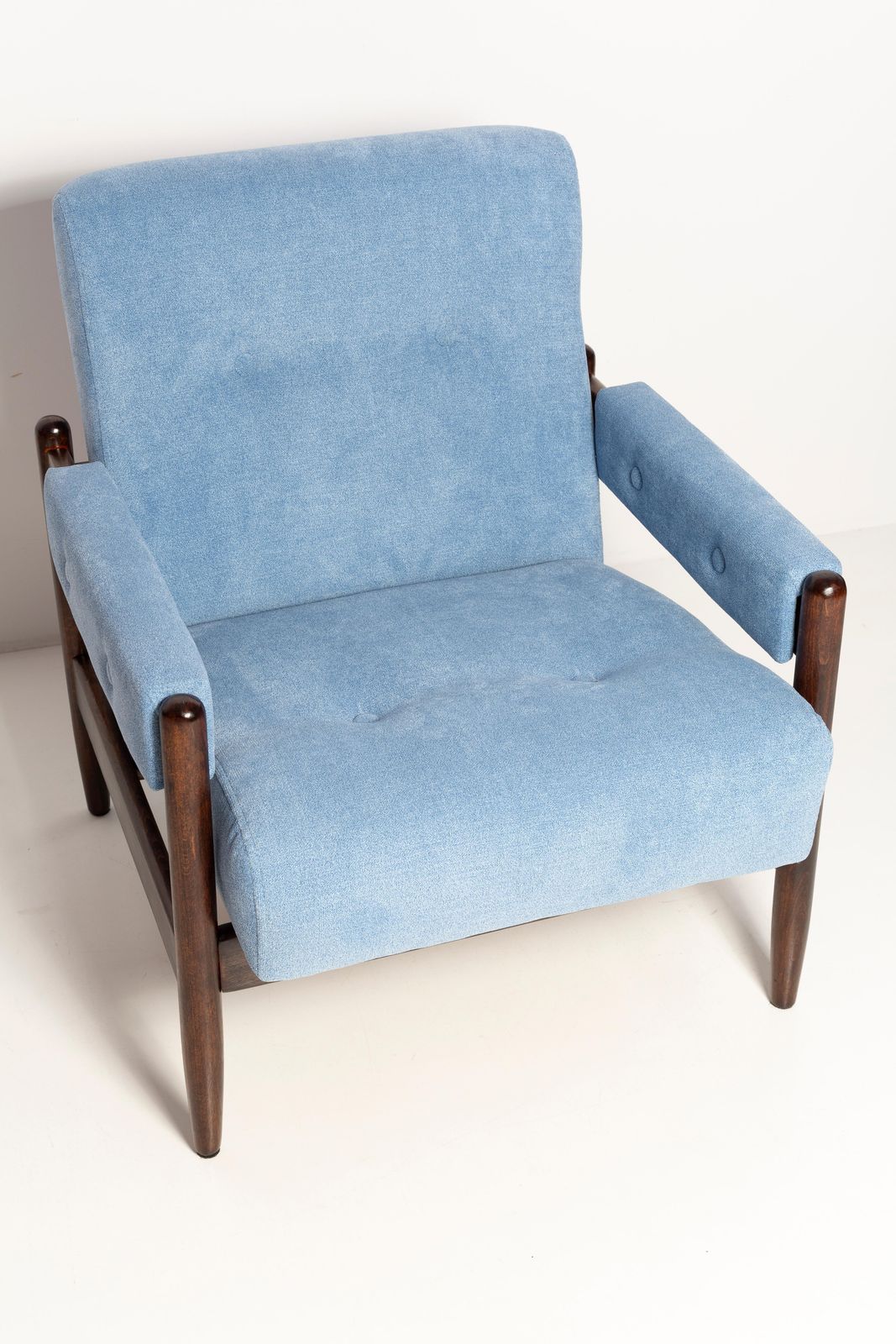 Mid Century Baby Blue Velvet Vintage Armchair, Walnut Wood, Europe, 1960s photo vinterior