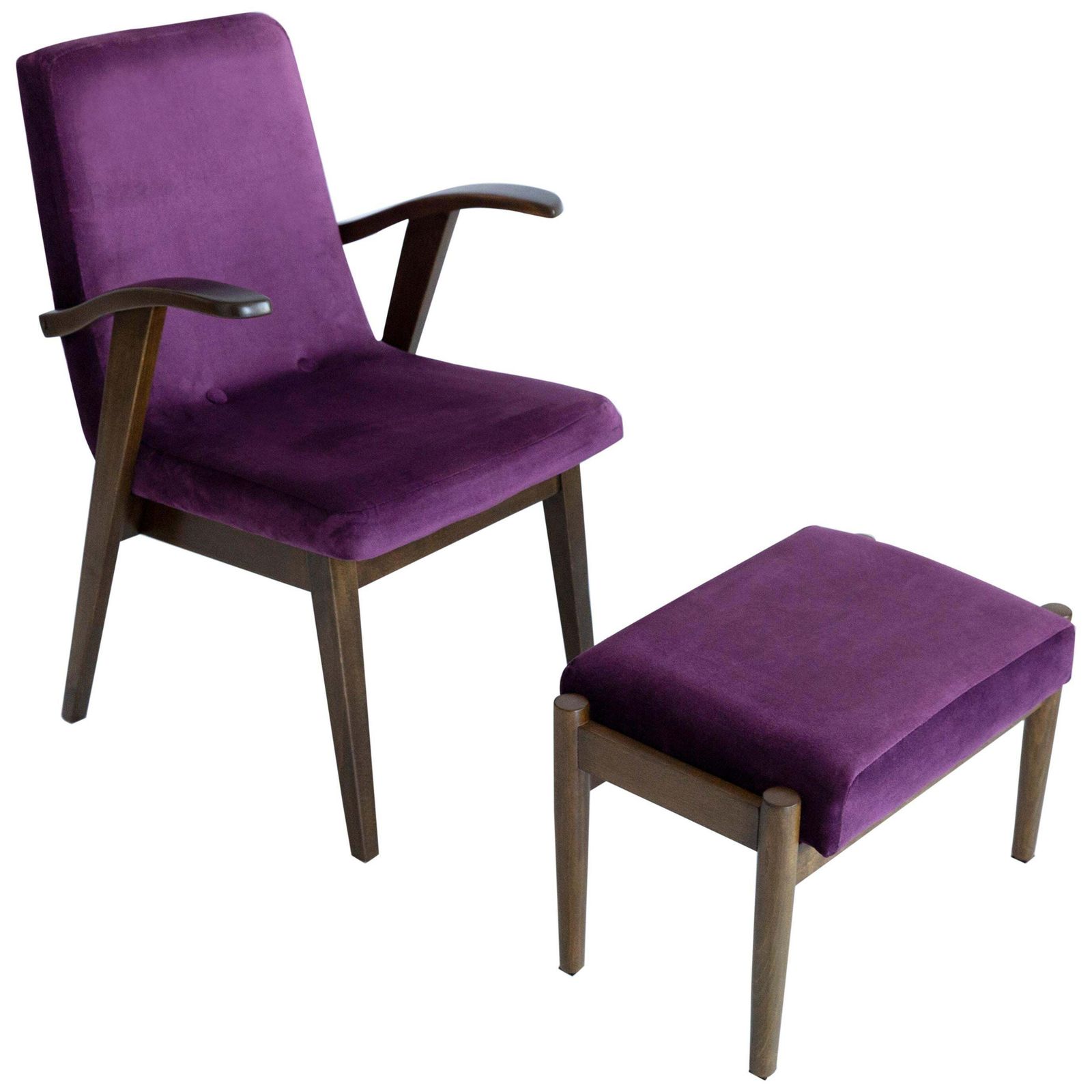 Vintage Fauteuil Met Bijpassende Voetenbank Door Mieczyslaw Puchala, Ca. Jaren 1960, 20e Eeuw – Pruimviolet