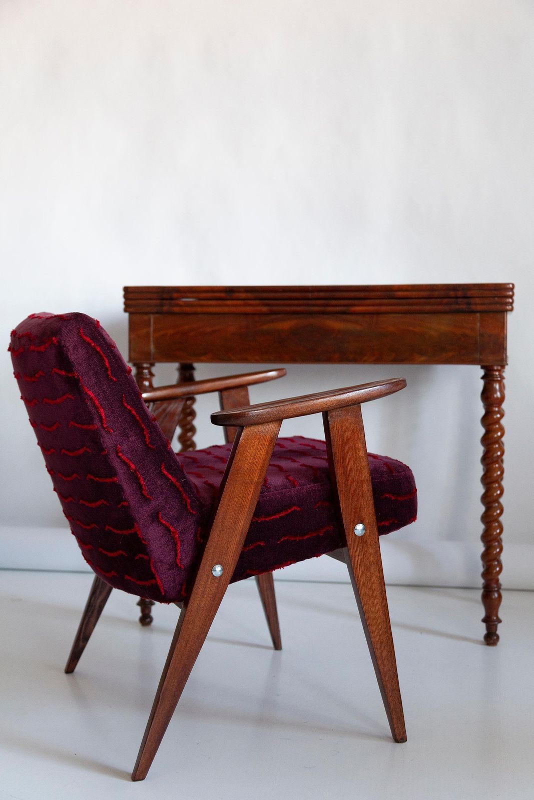 Mid Century 366 Armchair, Dark Red Velvet, By Jozef Chierowski, Europe, 1960s photo furniture