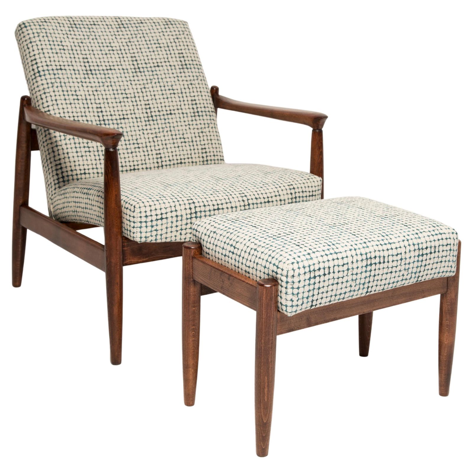 Mid Century Wit En Aqua Vintage Fauteuil Met Hocker, Edmund Homa, Europa, Jaren 1960