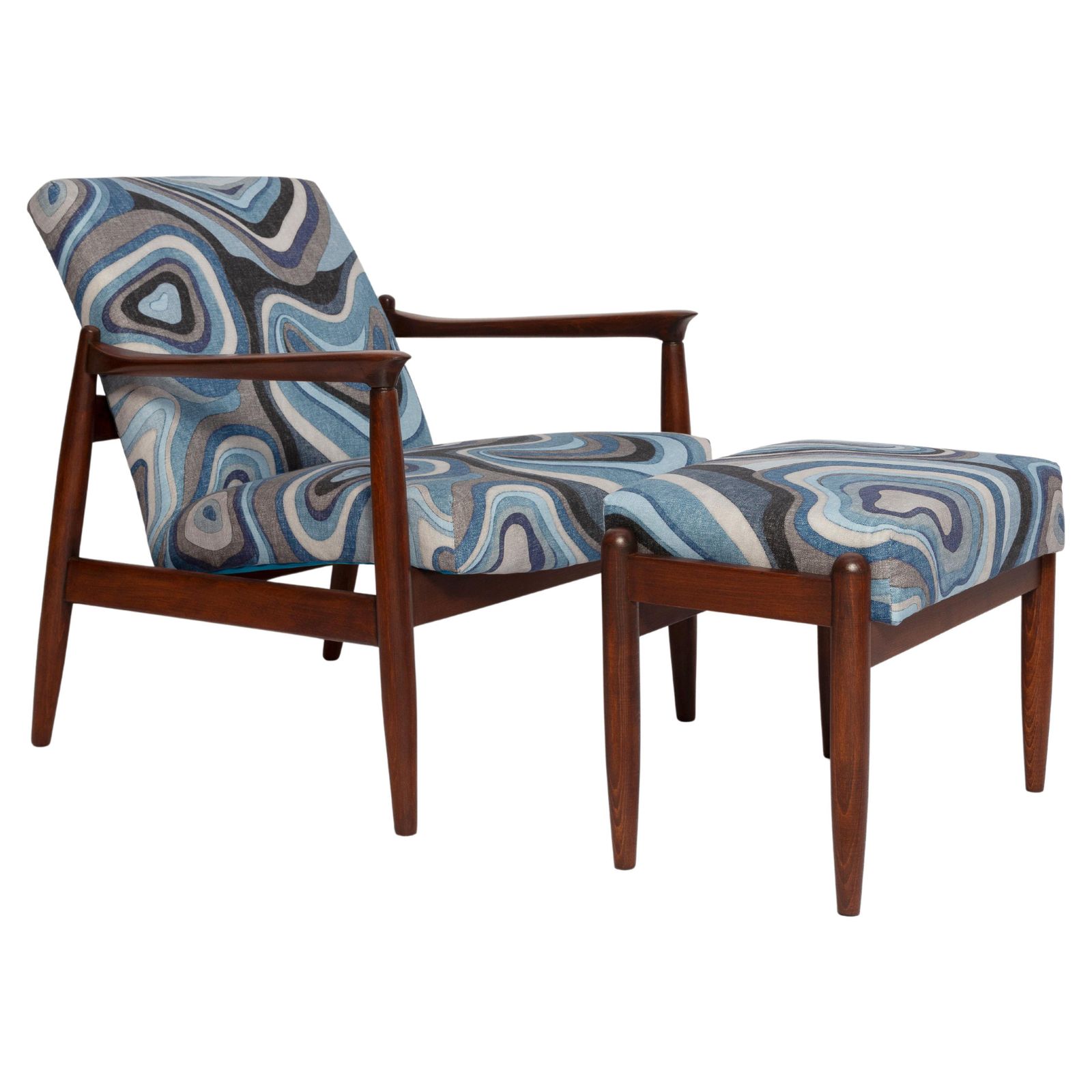 Set Van Blauwe Linnen Mid Century Gfm64 Fauteuil En Bijbehorende Stoel, E. Homa, Europa, Ca. Jaren 1960