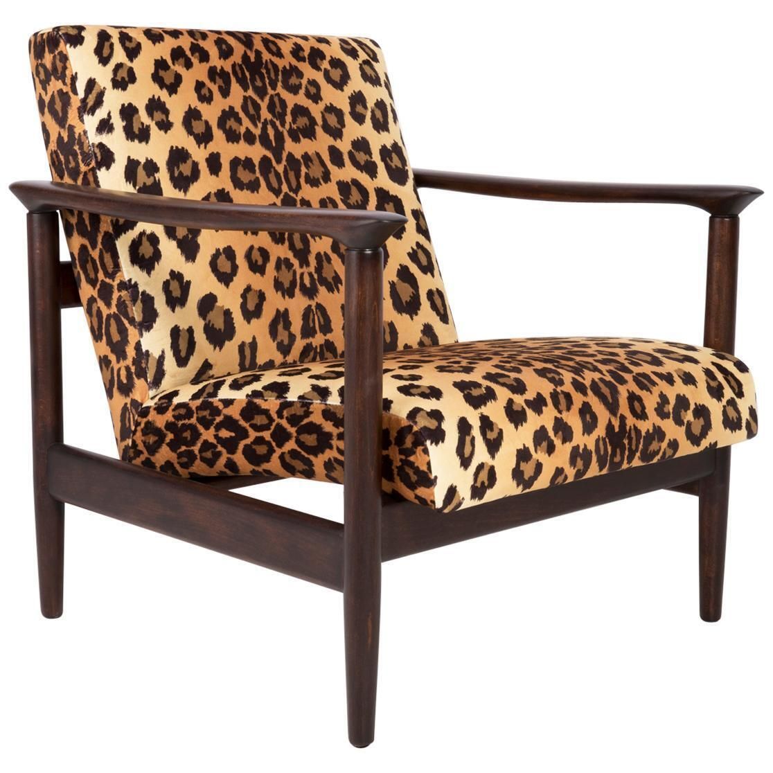 Leopard Velvet Armchair, Hollywood Regency, Dark Wood, Edmund Homa, 1960s Poland