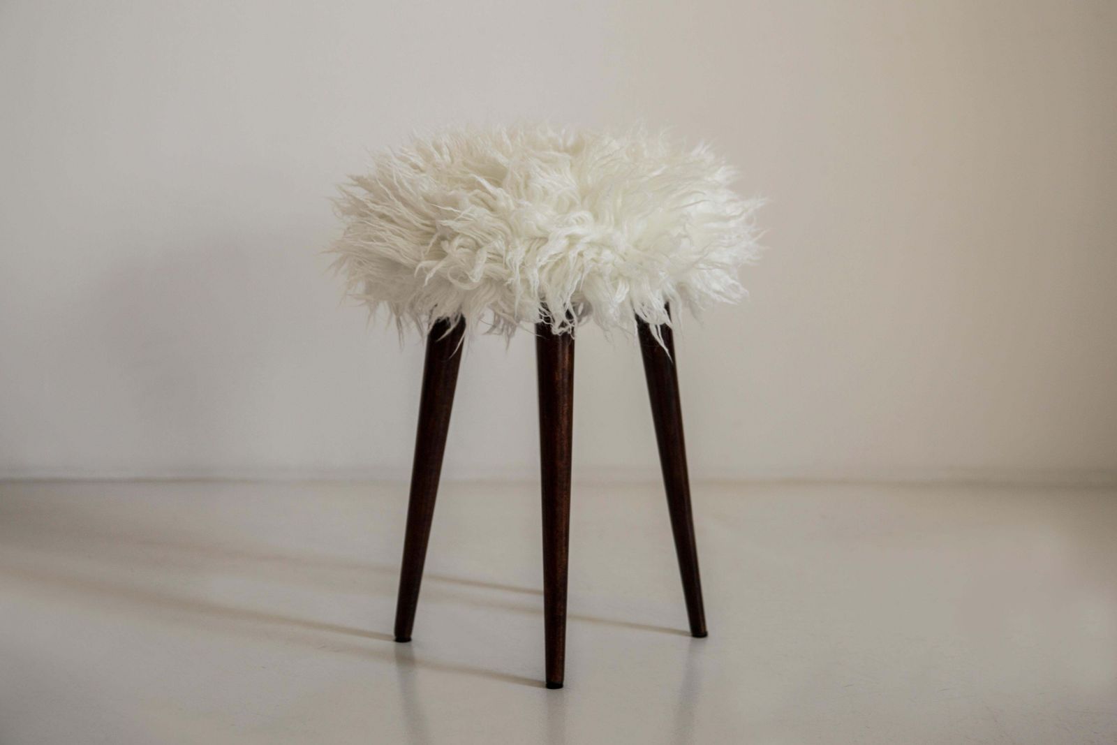 photo for sale Mid Century Alpaca White Faux Fur Stool, Europe, 1960s