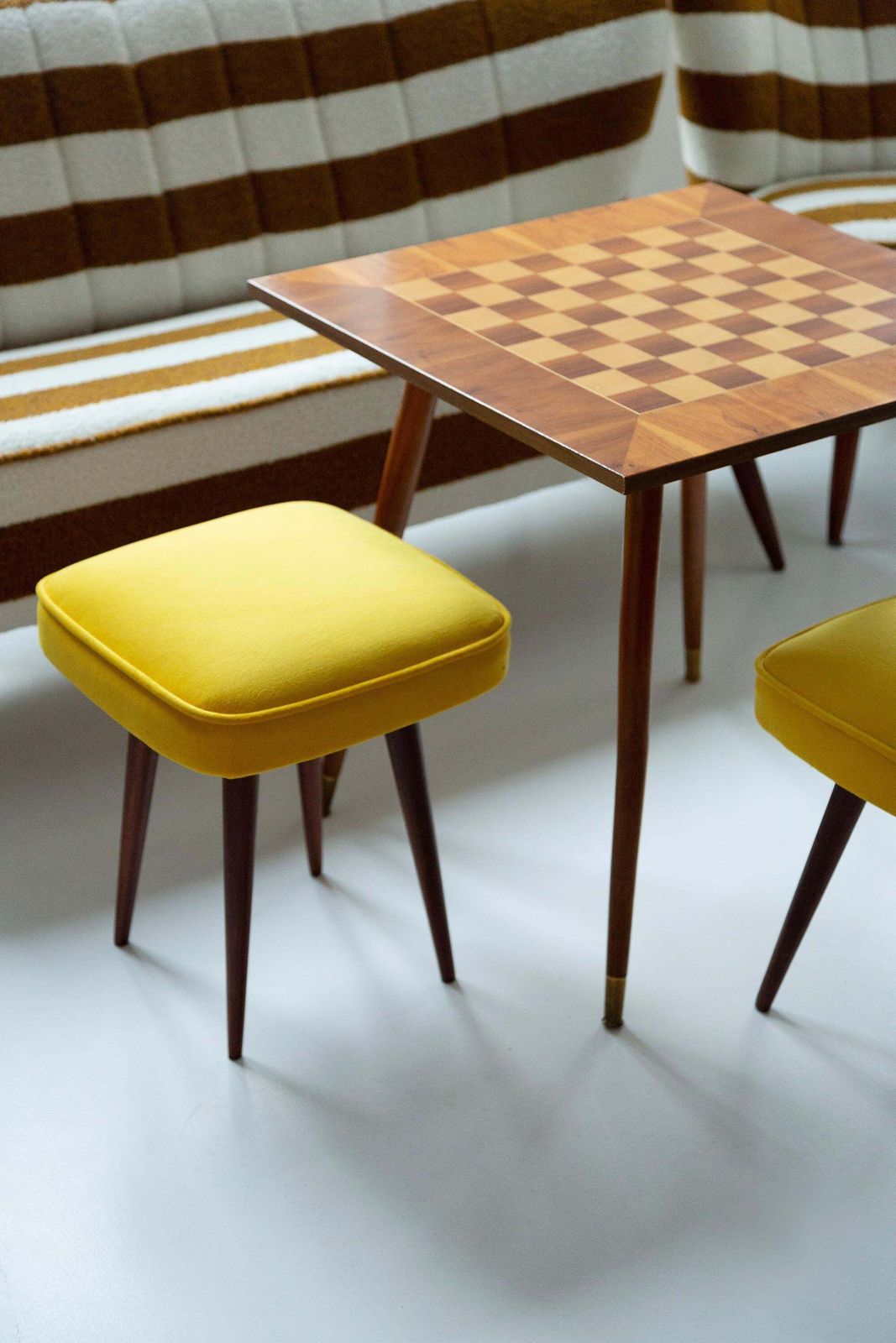 Mid Century Mustard Yellow Velvet Foot Stool, Poland, 1960s photo furniture