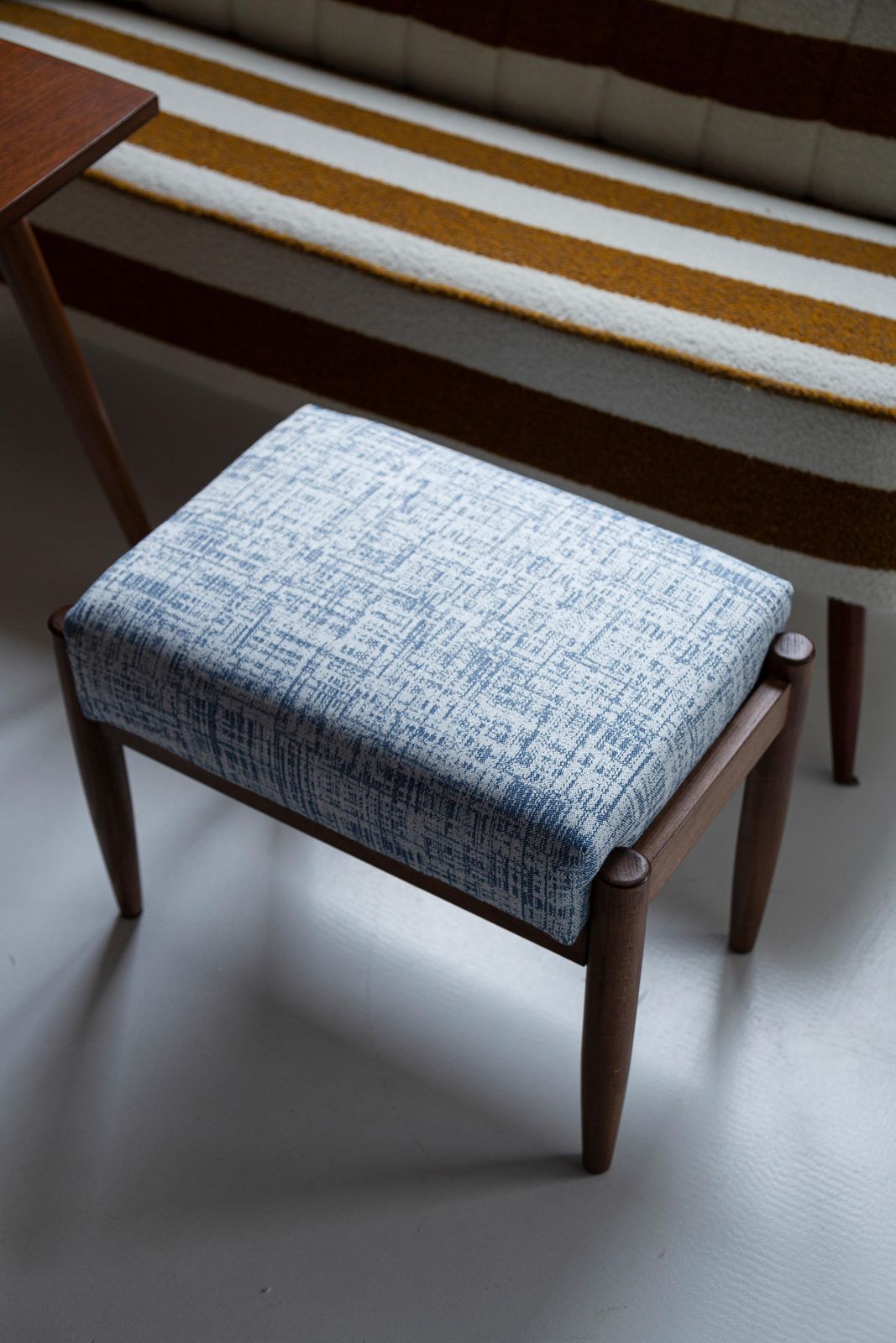 Midcentury Vintage White And Blue Linen Stool, Edmund Homa, Europe, 1960s photo furniture