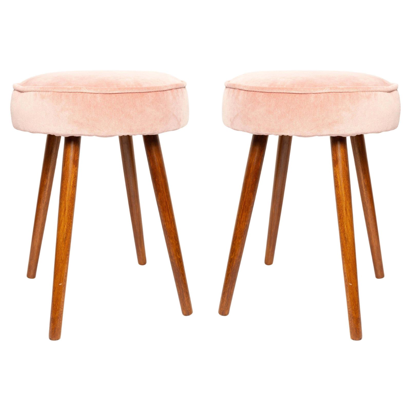 Set Of Two Mid Century Baby Pink Velvet Stools, Europe, 1960s