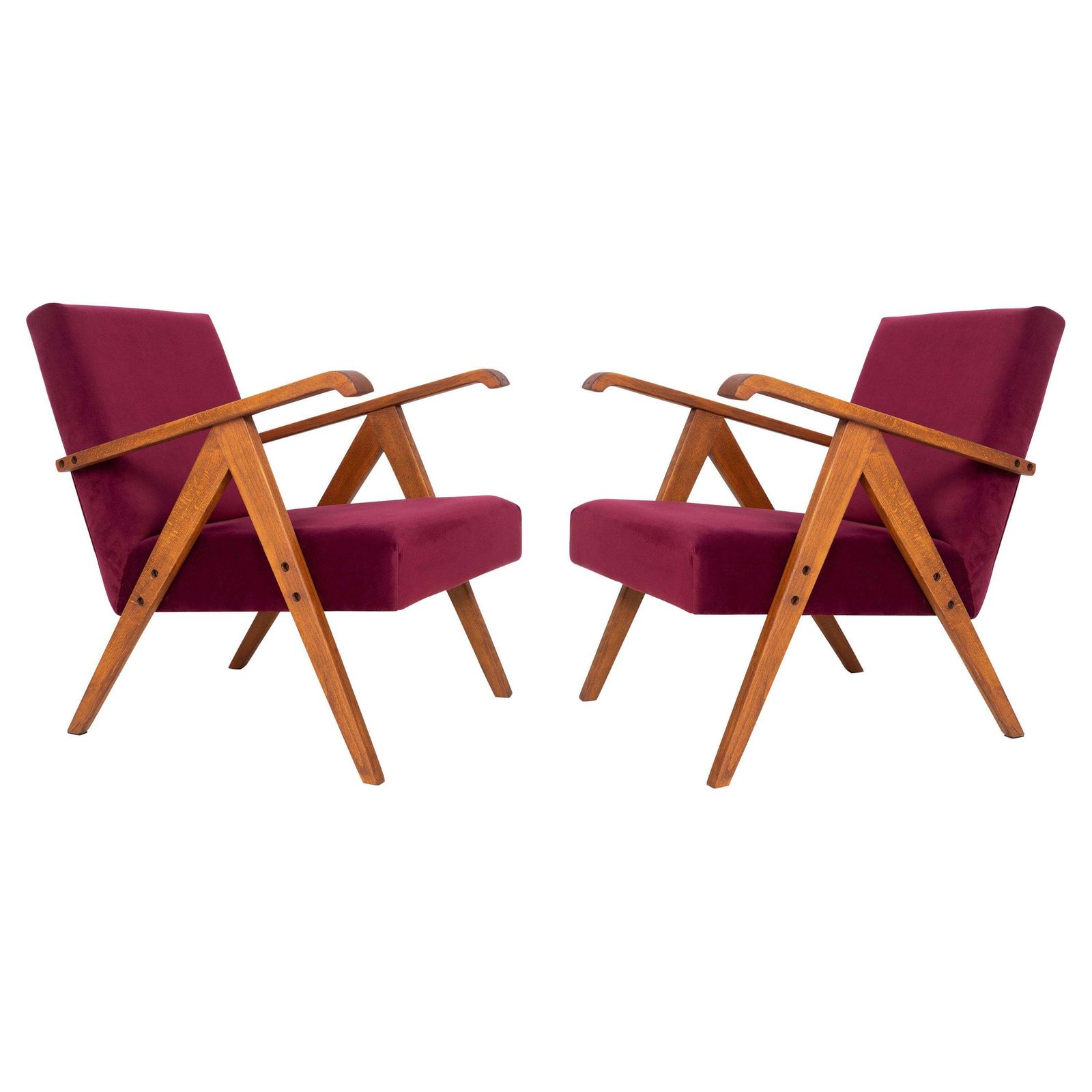 Pair Of Midcentury Burgundy Velvet Var Armchairs, Europe, 1960s