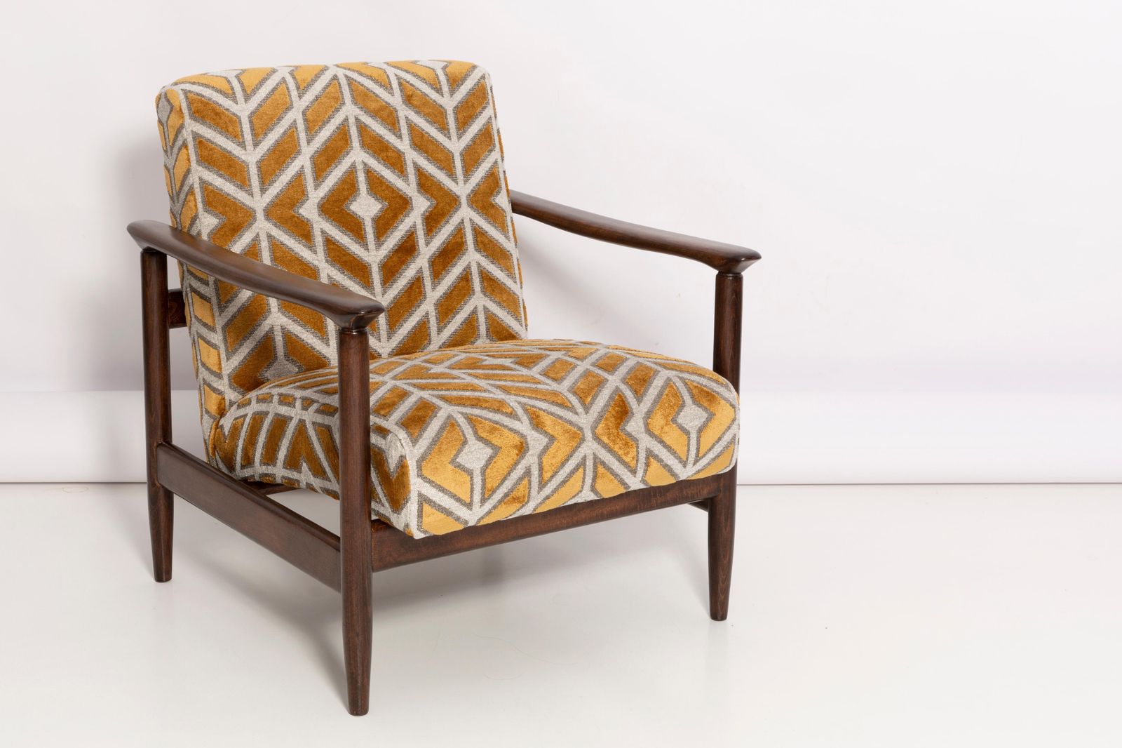 Mid Century Pattern Velvet Mustard Armchair, By Edmund Homa, Europe, 1960s. photo furniture