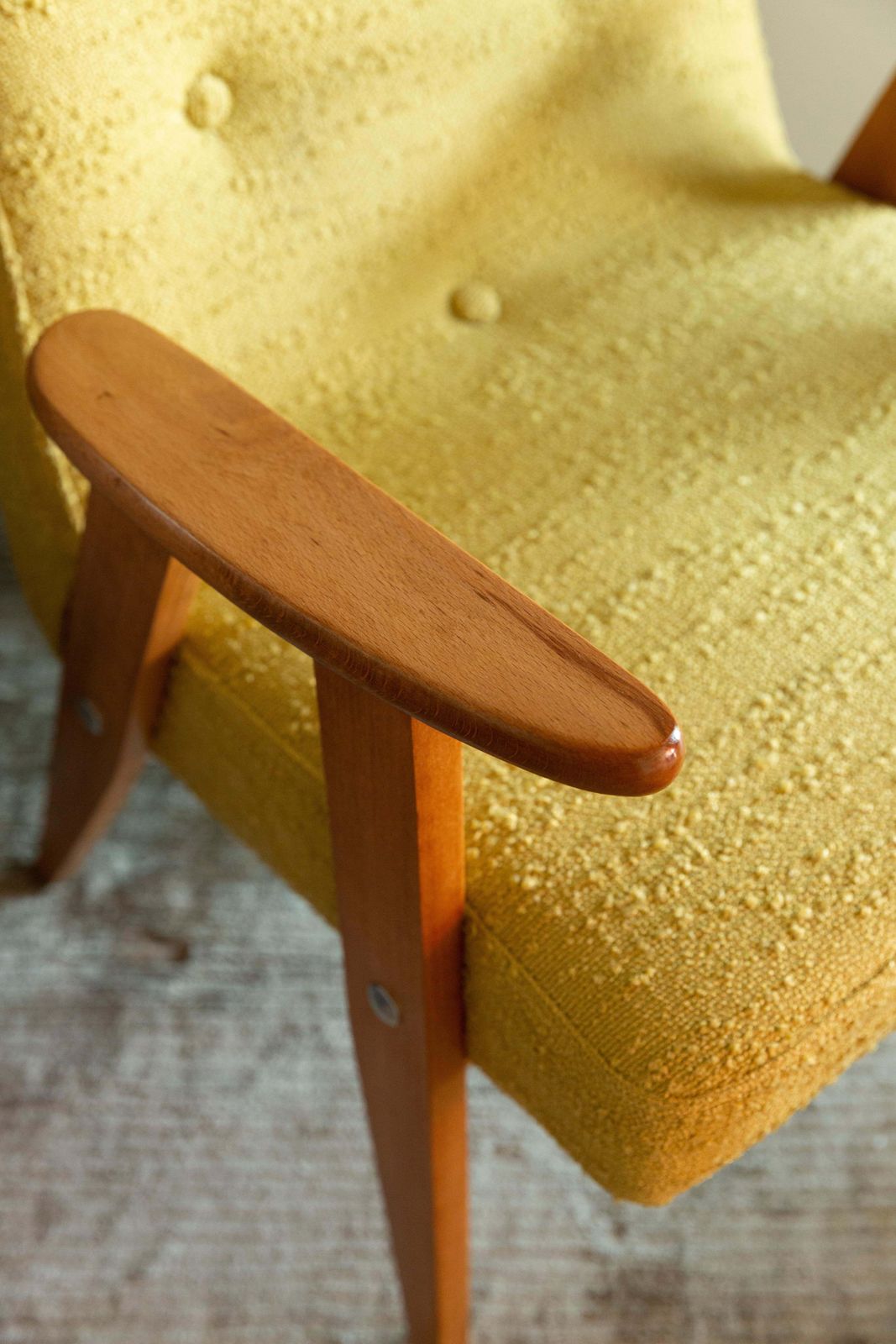 Pair Of Midcentury 366 Club Armchairs In Yellow Boucle, Europe, 1960s photo vinterior