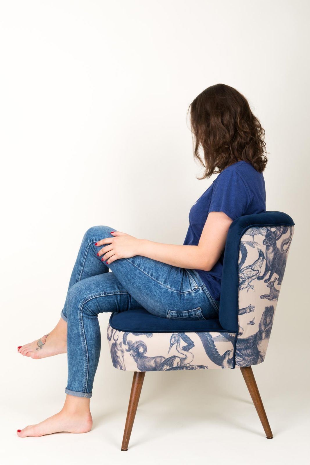 photo furniture Midcentury Navy Blue Velvet Armchair, Animal Pattern, Germany, 1960s