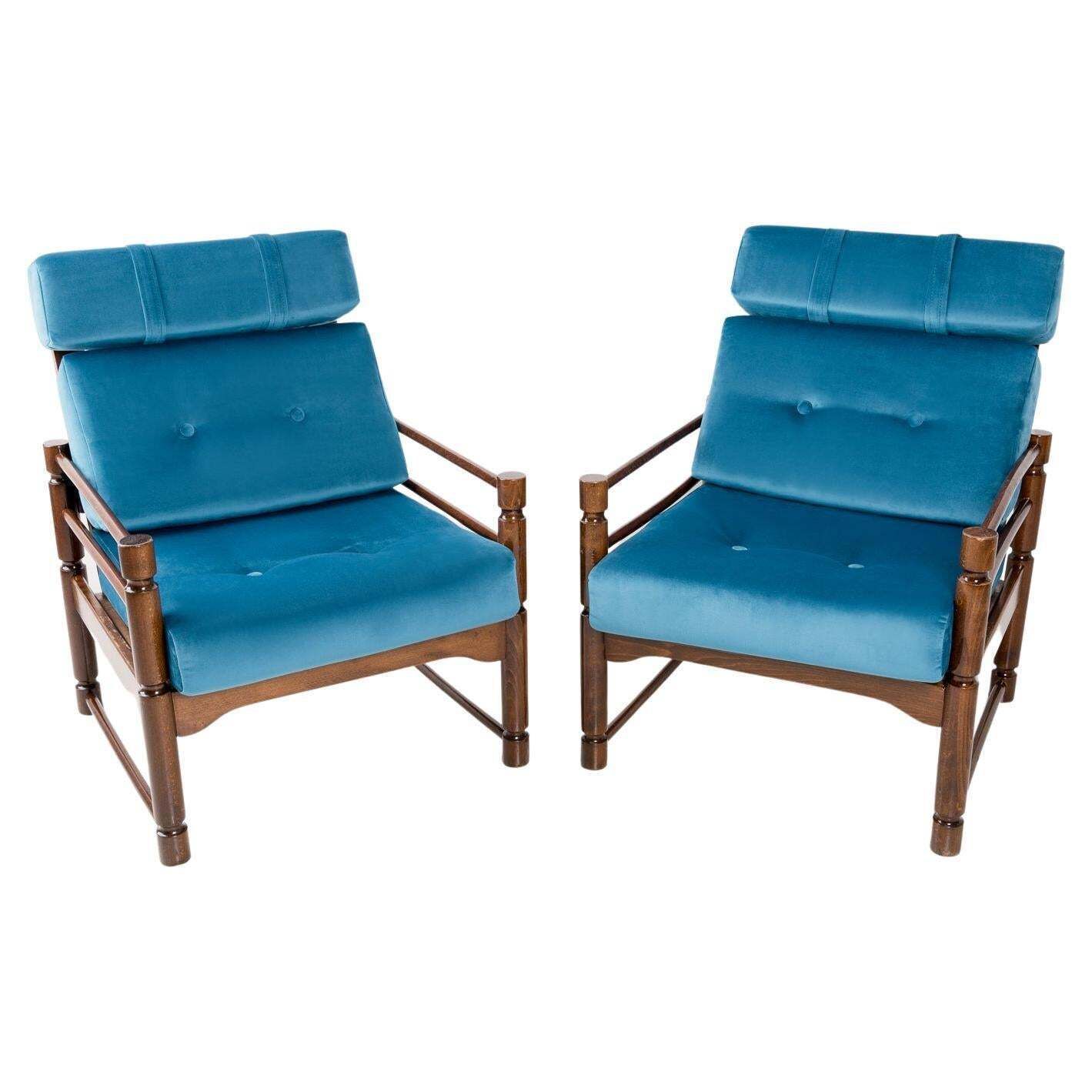 Pair Of Petrol Blue Armchairs, 20th Century, Beech Wood, Poland