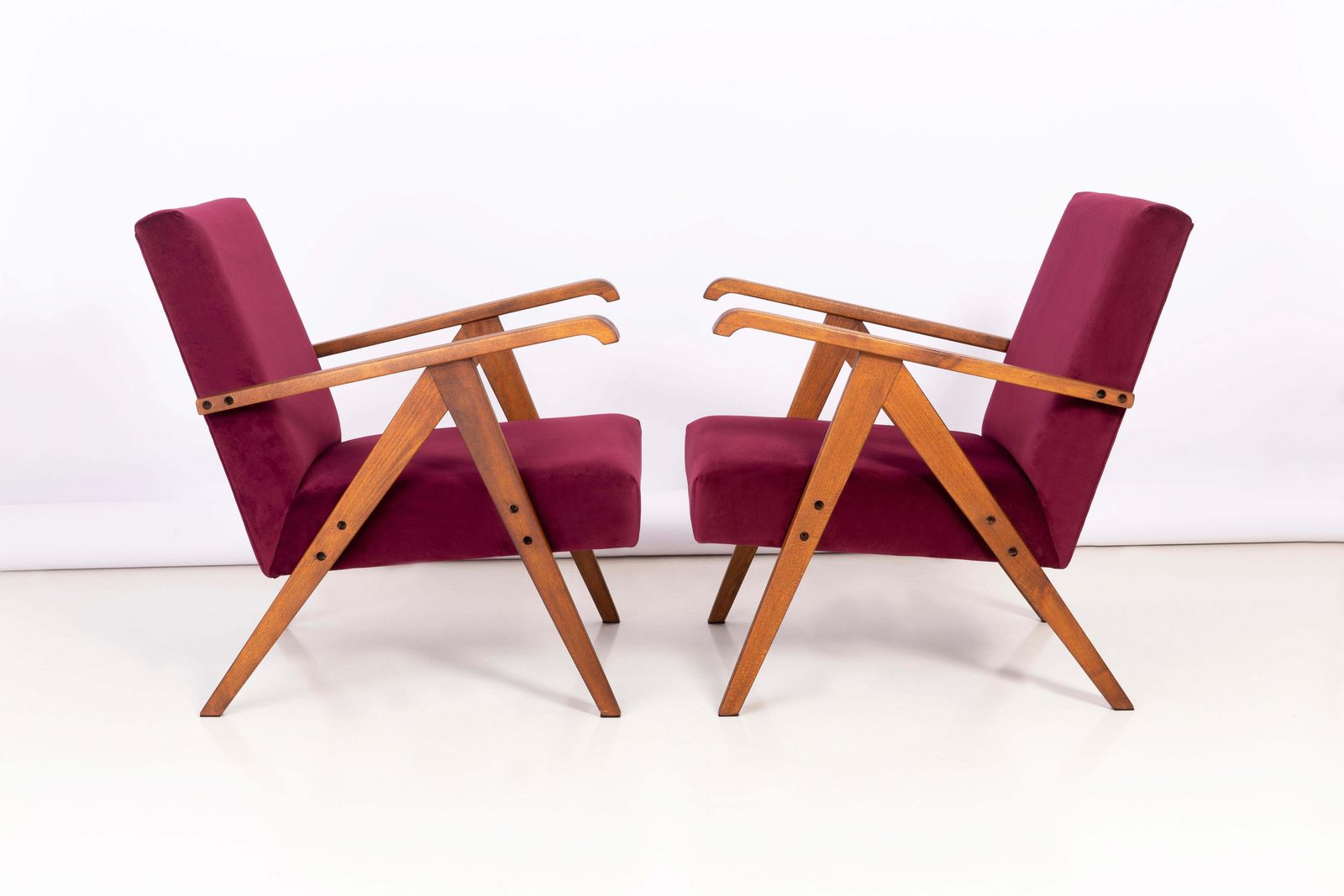 Pair Of Midcentury Burgundy Velvet Var Armchairs, 1960s photo for sale