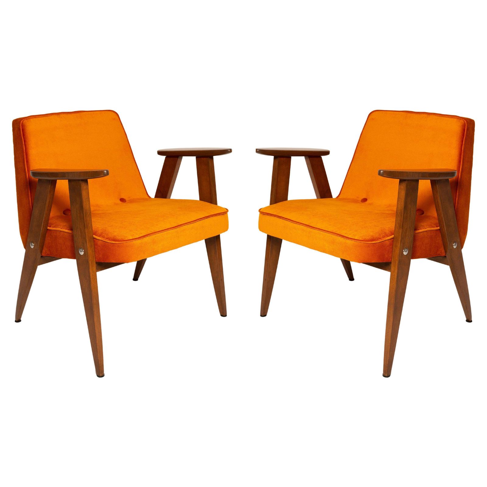 Pair Of Mid Century 366 Armchairs In Orange Velvet, Jozef Chierowski, Europe 1960
