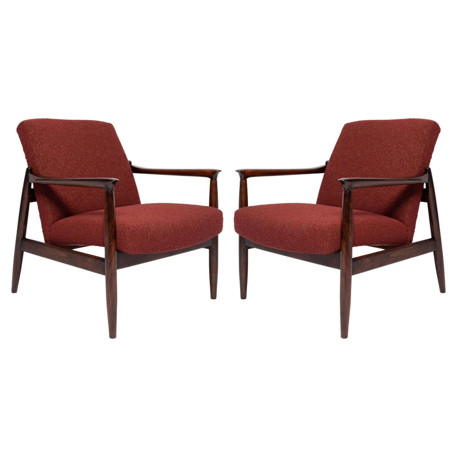 Two Mid Century Burgundy Boucle Gfm 64 Armchairs, Edmund Homa, Europe, 1960s
