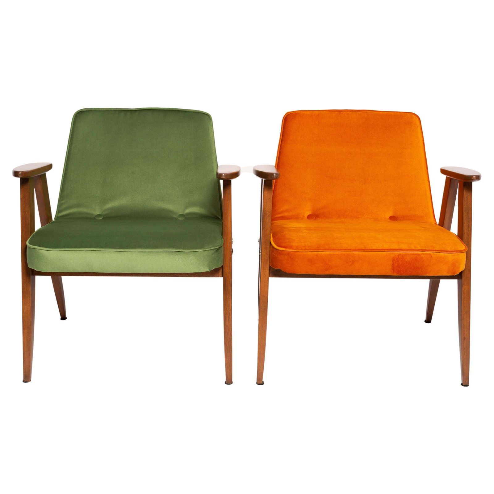 Paar Mid Century 366 Fauteuils, Groen En Oranje, Door Chierowski Europe, Jaren 1960