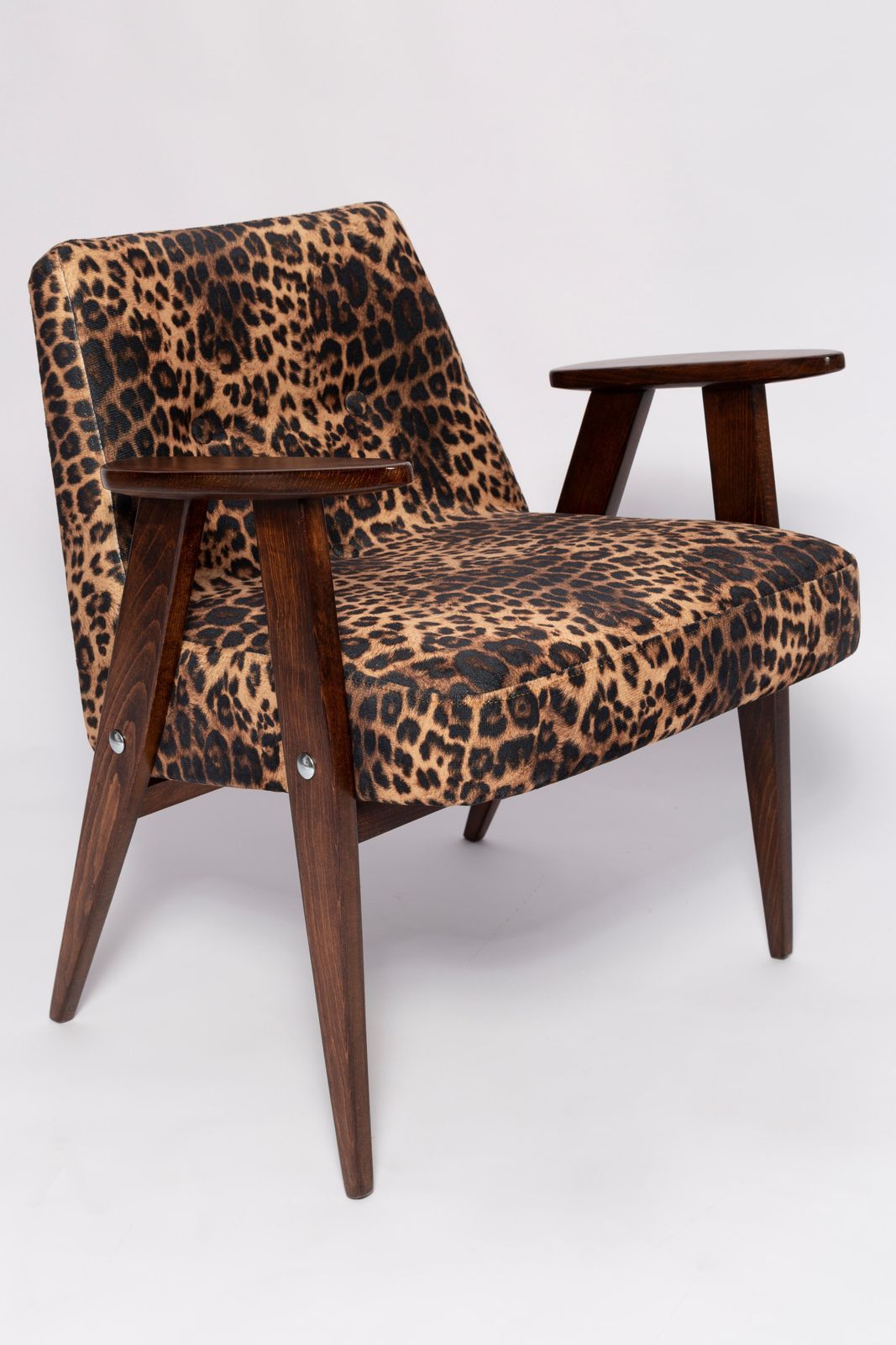 Two Midcentury 366 Armchairs In Leopard Print Velvet, Jozef Chierowski, 1960s photo Furniture