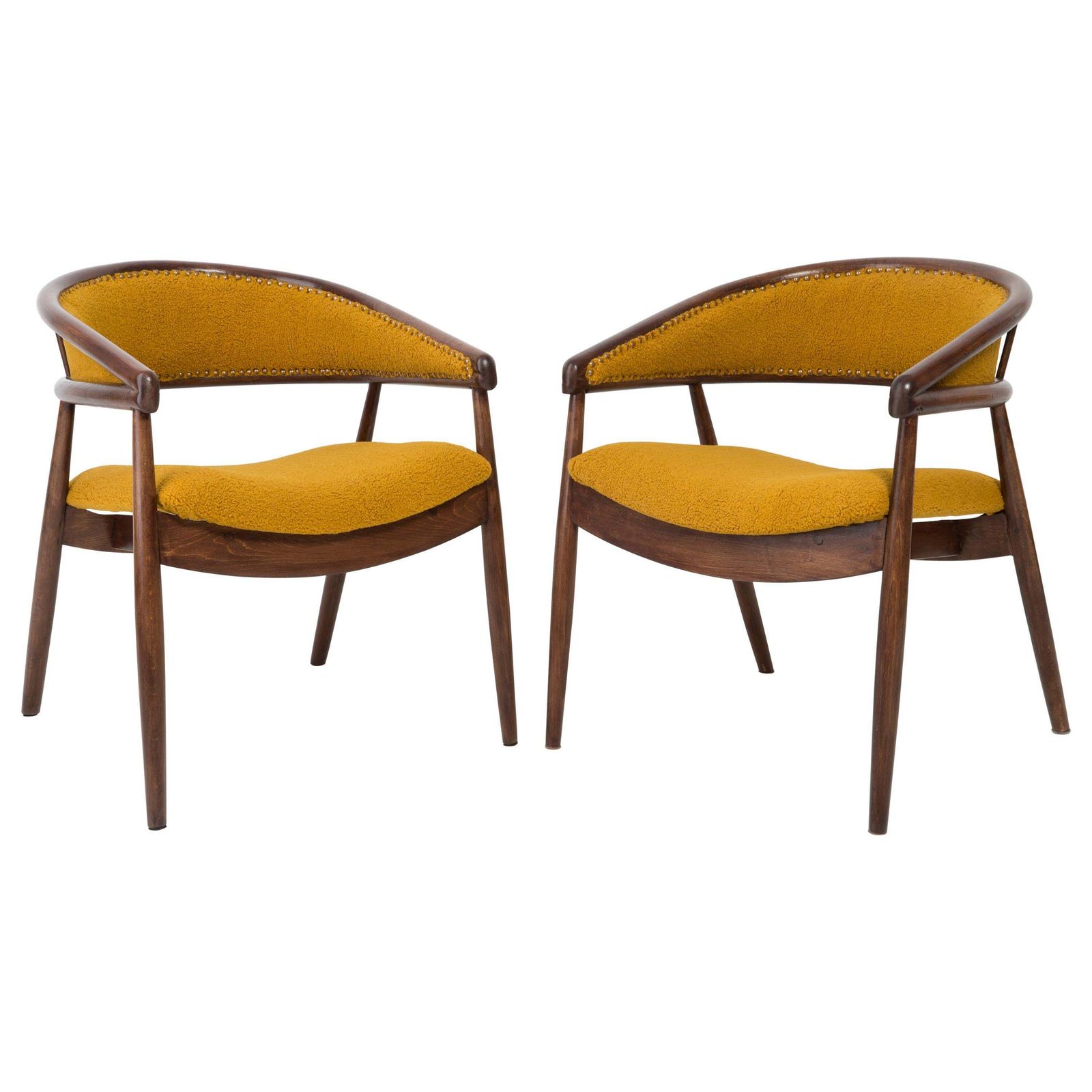 Set Of Two James Mont Bent Beech Armchairs, Yellow Ochra Boucle, 1960s
