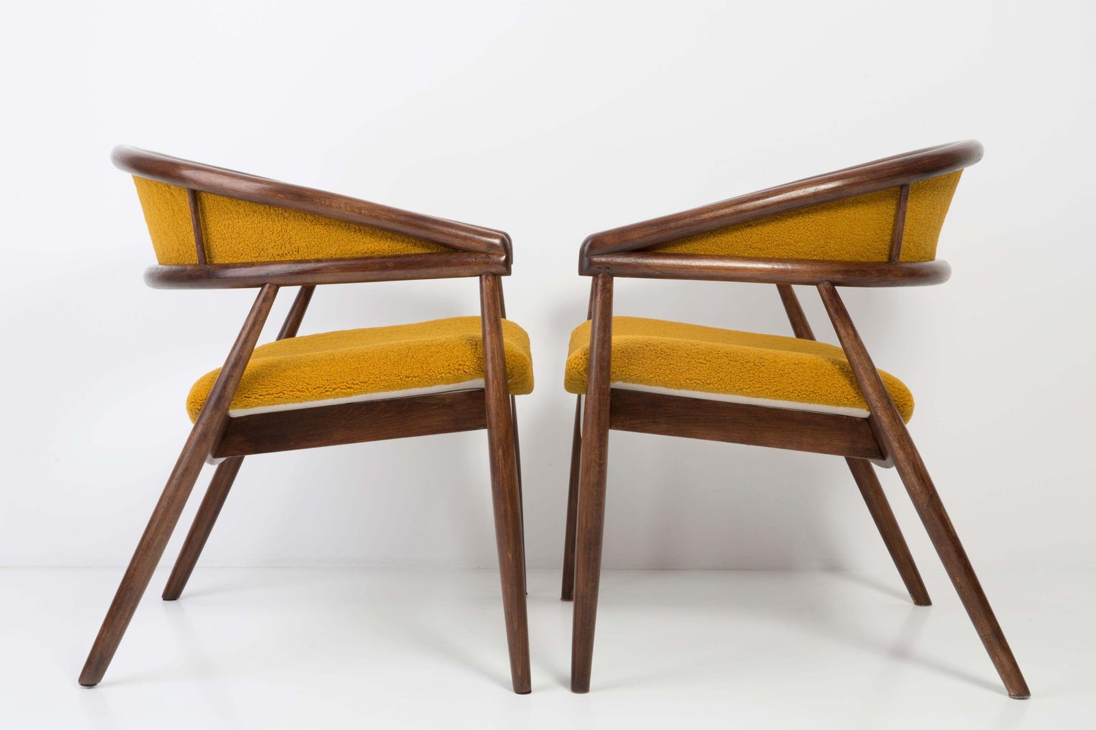 Set Of Two James Mont Bent Beech Armchairs, Yellow Ochra Boucle, 1960s photo for sale