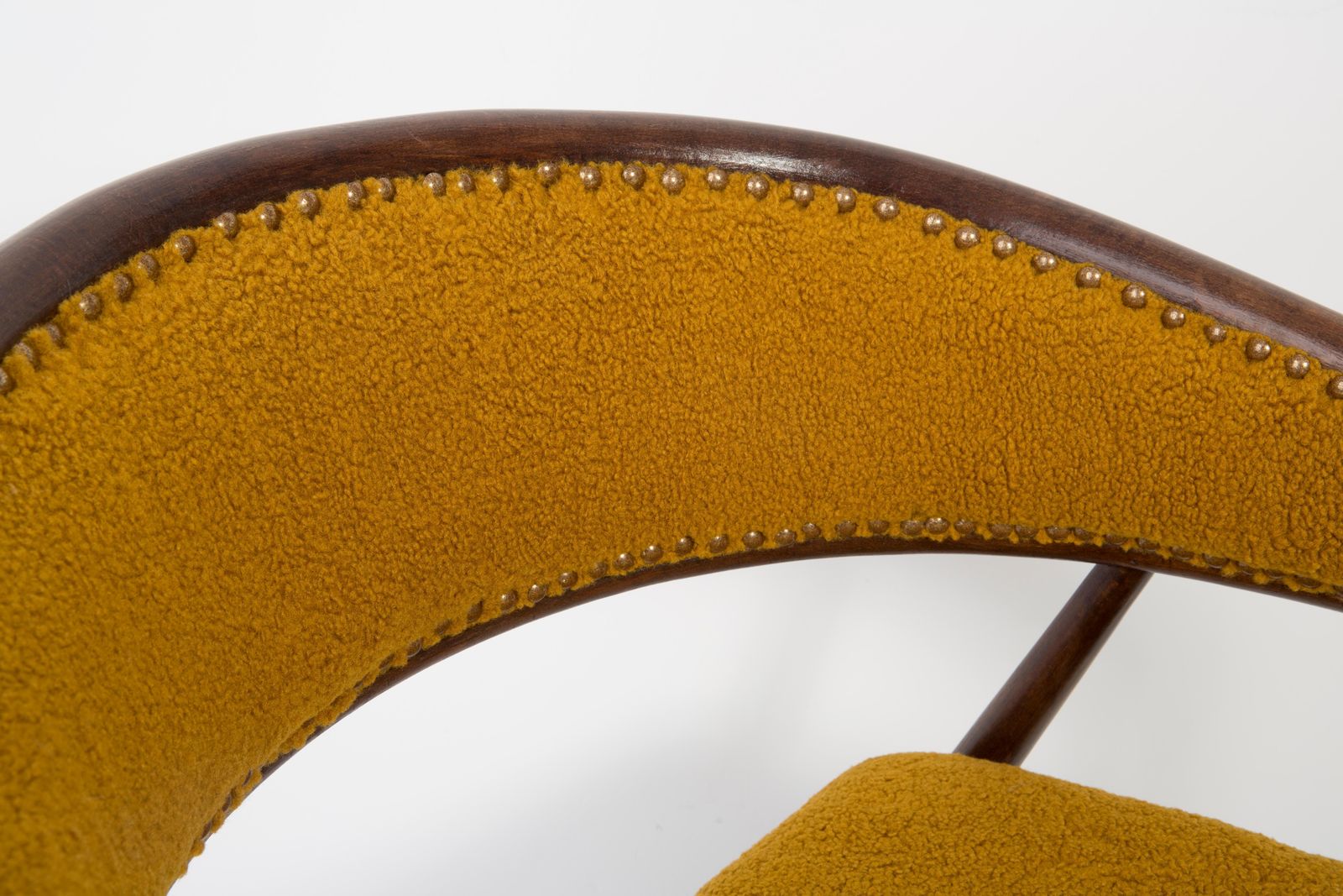 photo for sale Set Of Two James Mont Bent Beech Armchairs, Yellow Ochra Boucle, 1960s