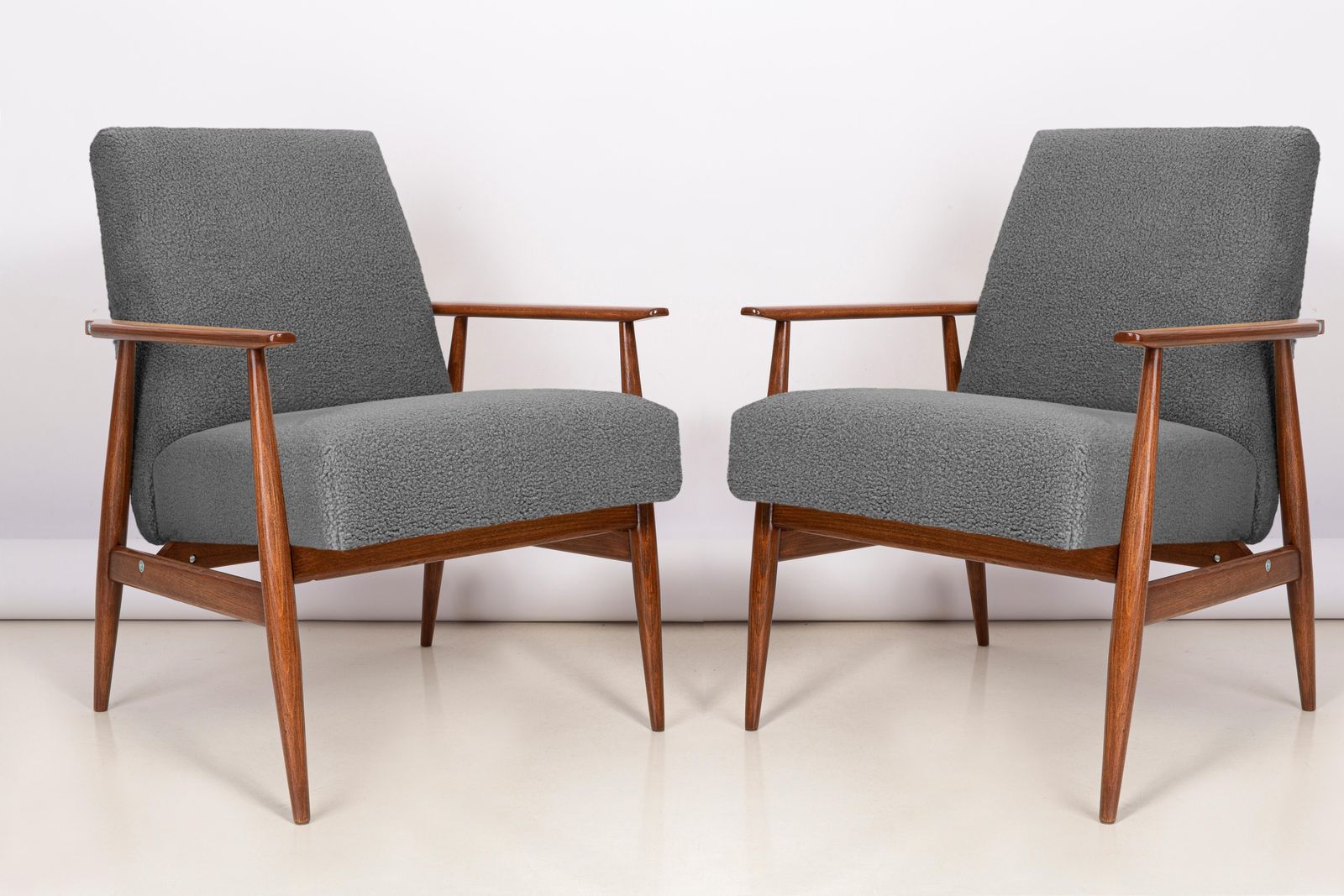 Pair Of Mid Century Grey Bouclé Dante Armchairs, H. Lis, 1960s photo furniture