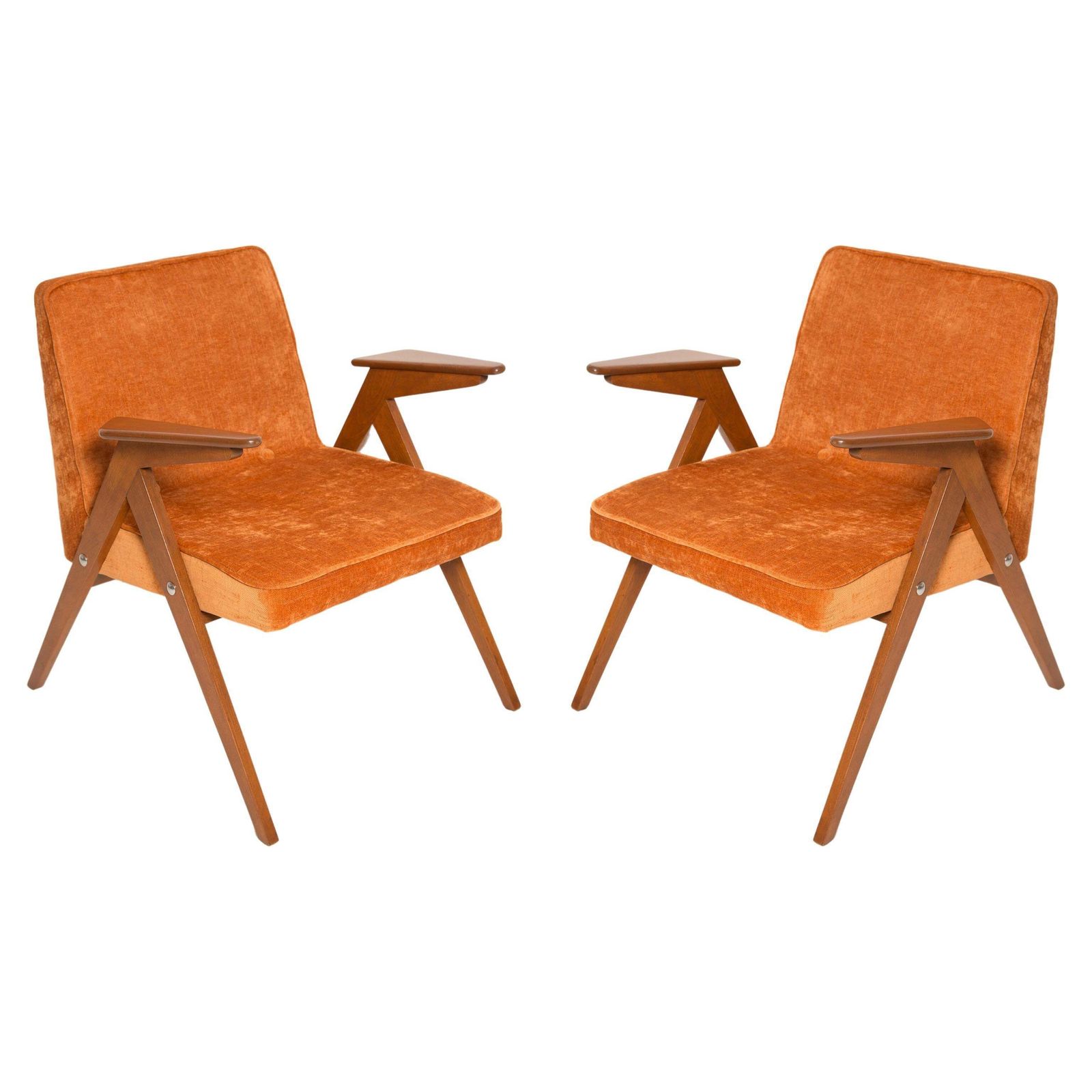 Set Of Two Midcentury Orange Bunny Armchairs By Jozef Chierowski, Poland, 1960s