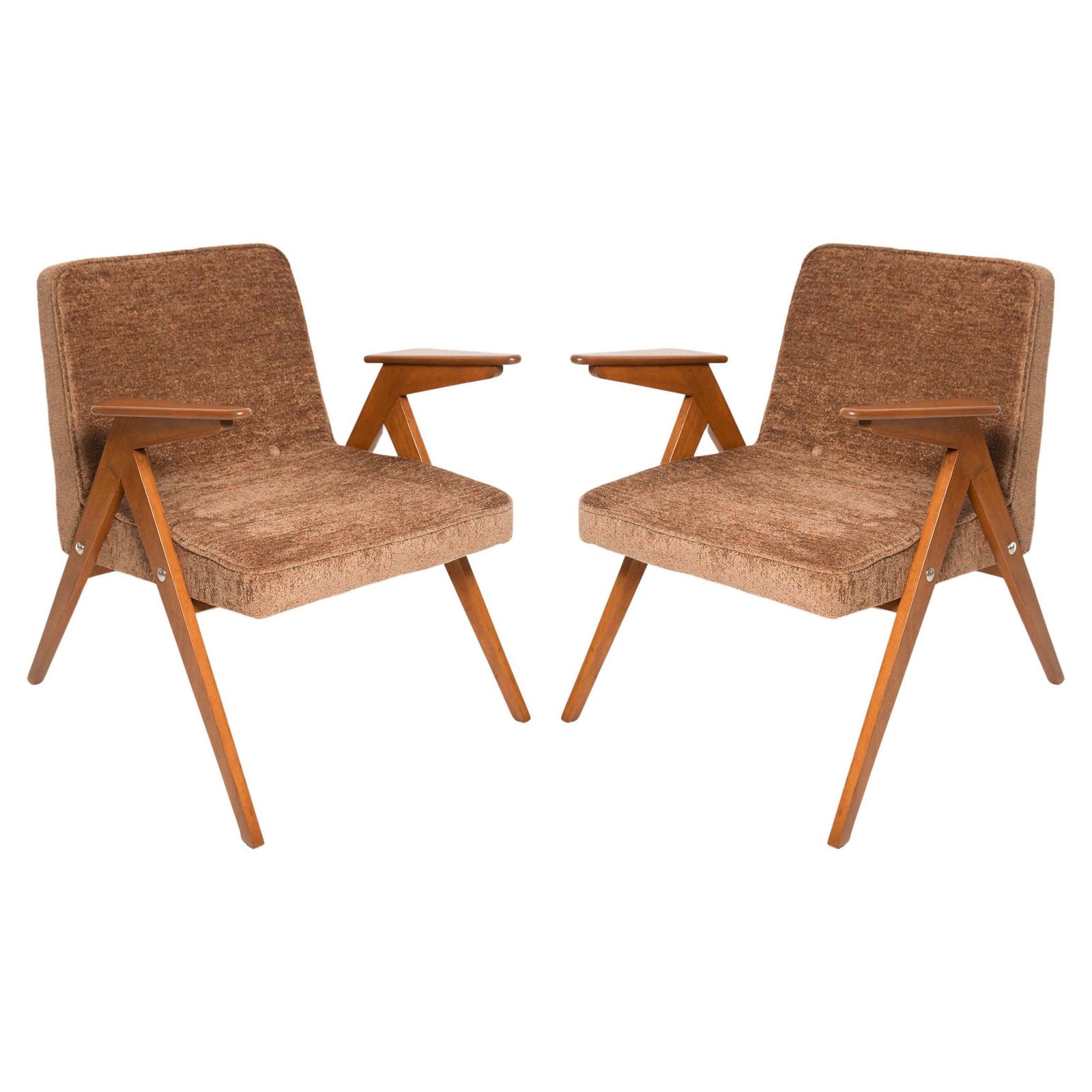 Set Of Two Midcentury Brown Bunny Armchairs, By Jozef Chierowski, Poland, 1960s