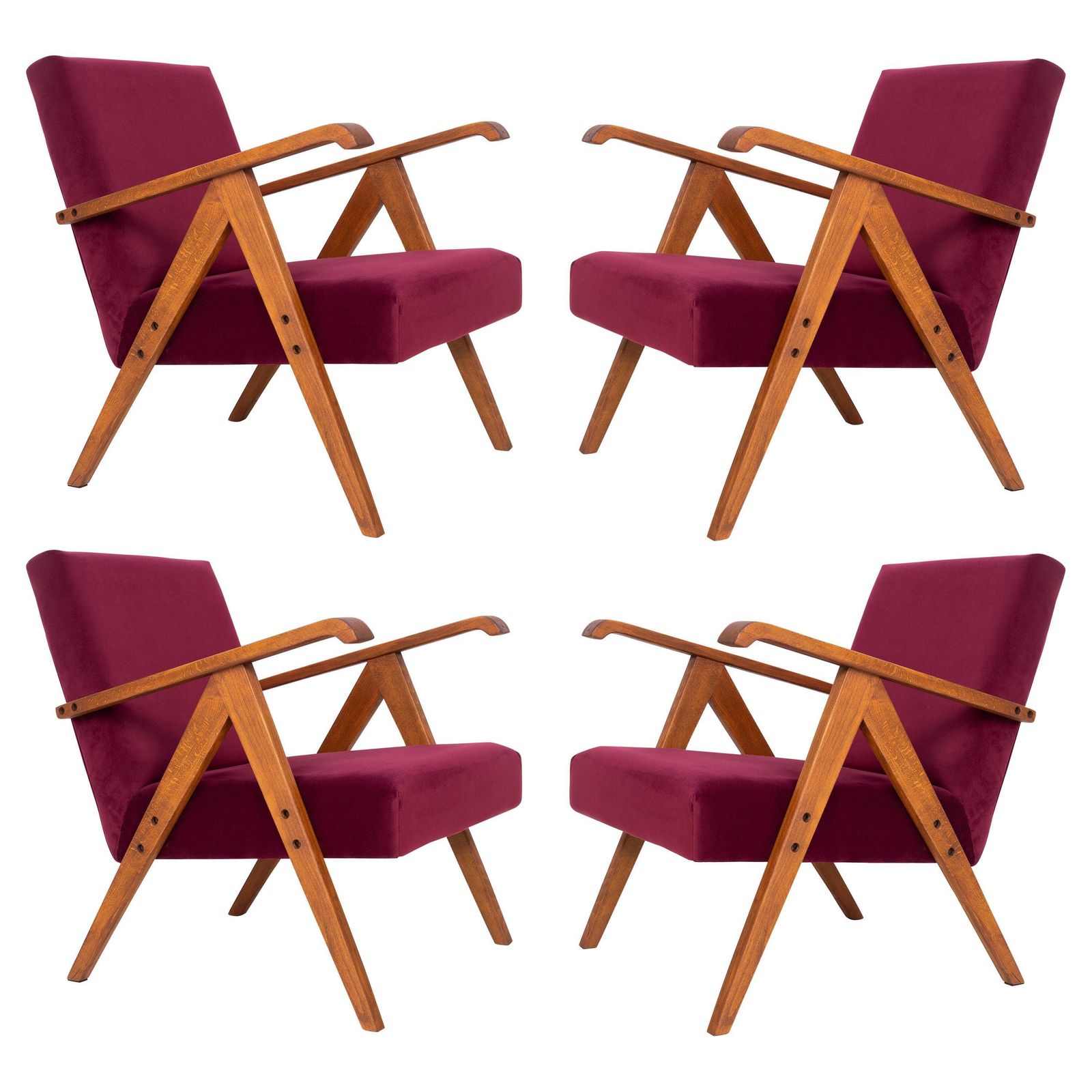 Set Van Vier Mid Century Fauteuils Met Bordeauxrood Fluwelen Bekleding, Europa, Jaren 1960.