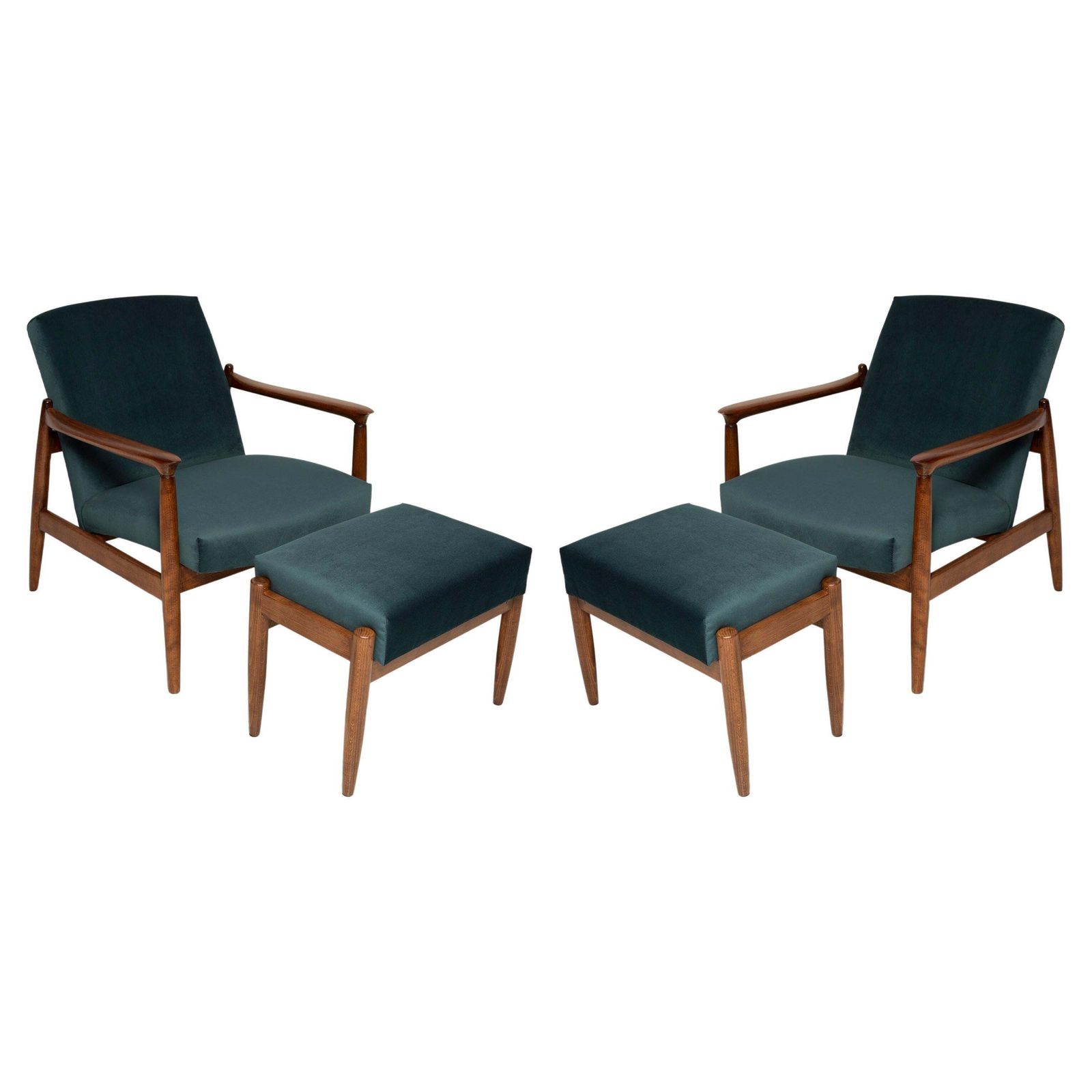 Set Of Petrol Blue Vintage Armchairs And Stools, Edmund Homa, 1960s