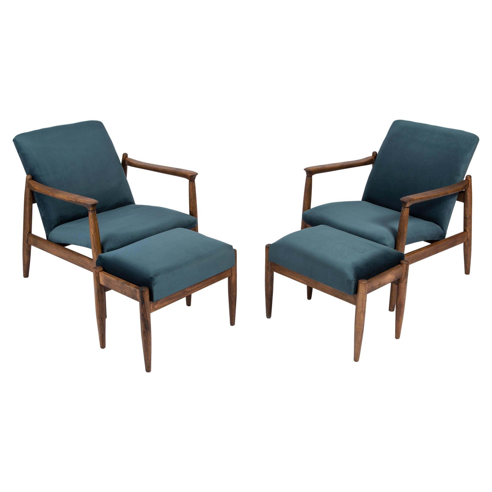 Set Of Petrol Blue Vintage Armchairs And Stools, Edmund Homa, 1960s