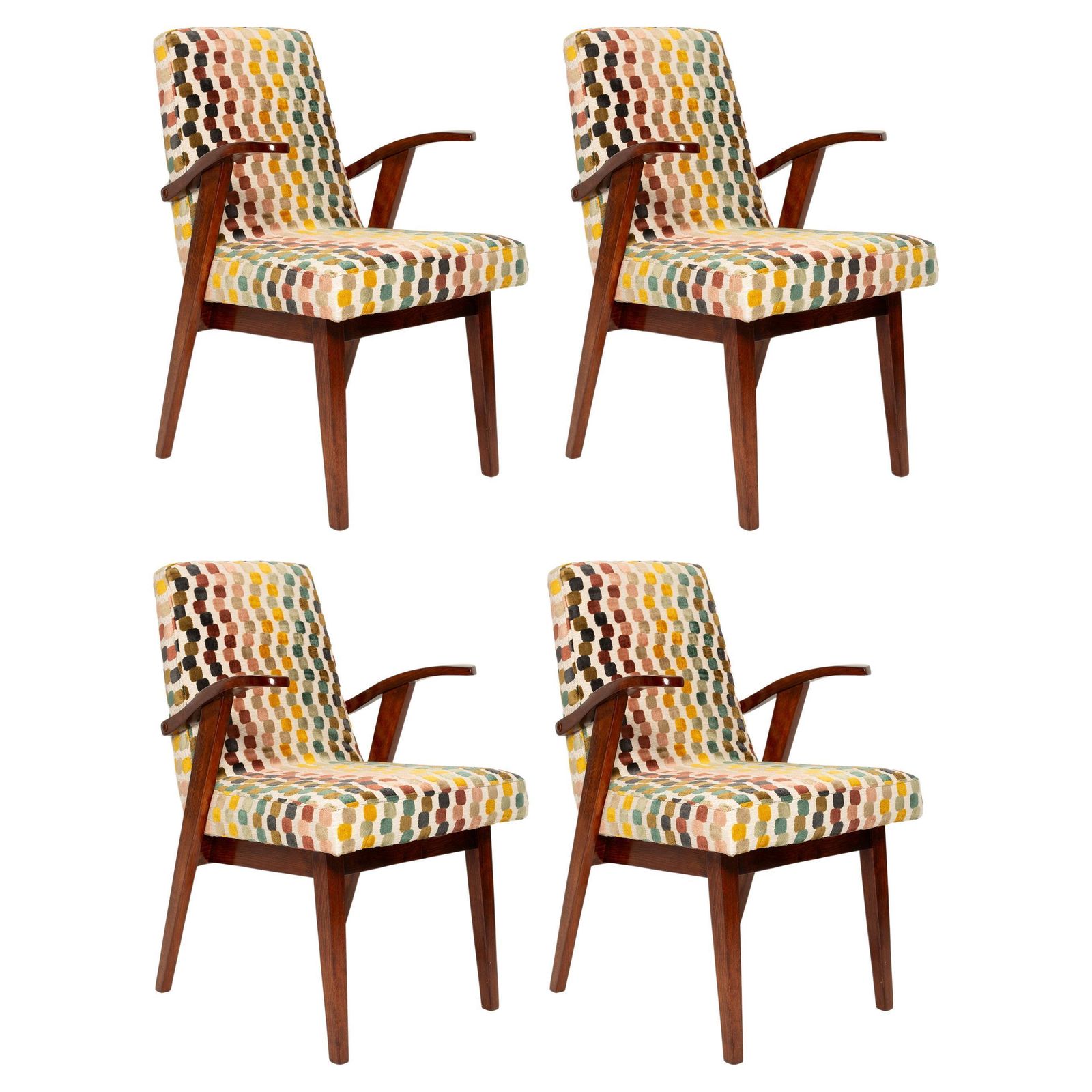 Set Of Four Mid Century Multicolored Velvet Chairs By M. Puchala, Europe, 1960s