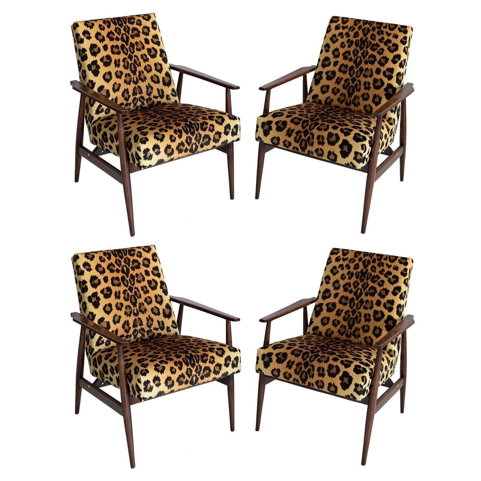 Set Of Four Midcentury Leopard Print Velvet Dante Armchairs, H. Lis, 1960s