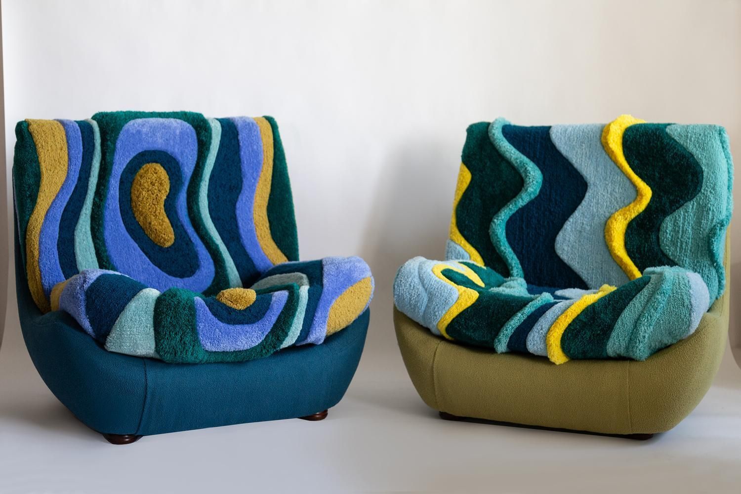 Mid Century Vintage Hand Tufting Green Yellow Atlantis Big Armchair, 1960s photo furniture
