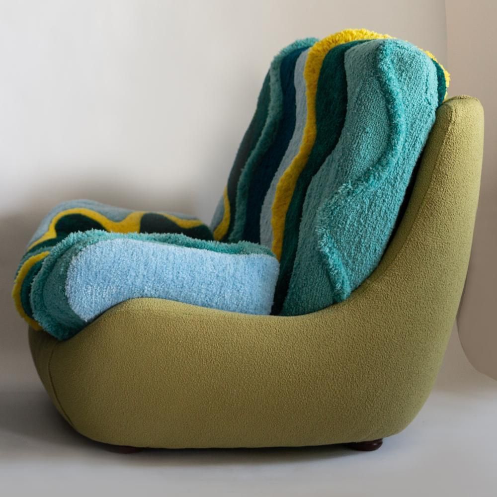 Mid Century Vintage Hand Tufting Green Yellow Atlantis Big Armchair, 1960s photo for sale