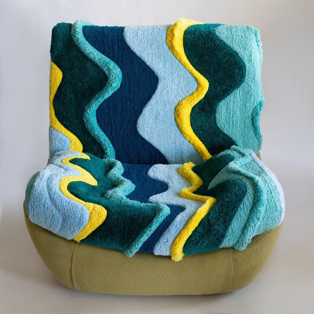 Mid Century Vintage Hand Tufting Green Yellow Atlantis Big Armchair, 1960s photo vintage