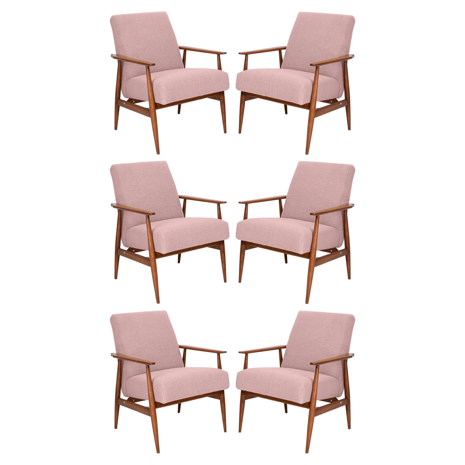 Six Dusty Pink Bouclé Dante Armchairs, H. Lis, Europe, 1960s